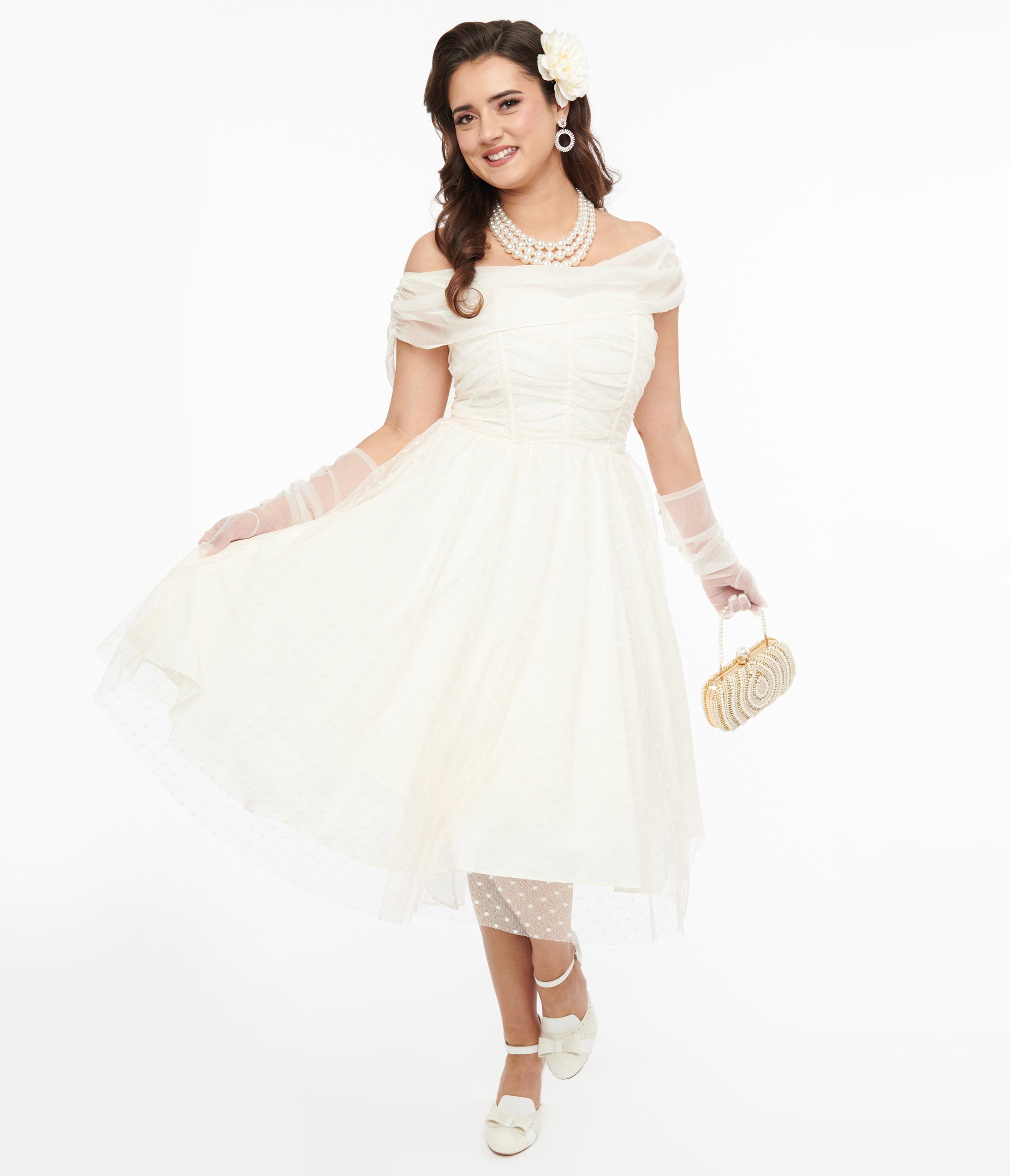 Vintage 1950s Off Shoulder Cocktail Dress with Clip Dot Design - Perfect for Retro Parties, Weddings & Special Occasions