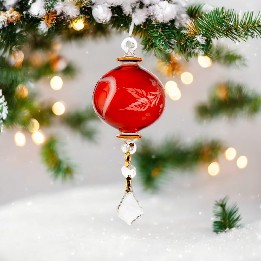 Handmade Blown Glass Christmas Ornaments - Red Glass Ball with Gold Accents & Crystal Drop - Engraved Holiday Decor for Christmas Tree - Perfect for Home Decor, New Year Gifts & Winter Wedding Decorations