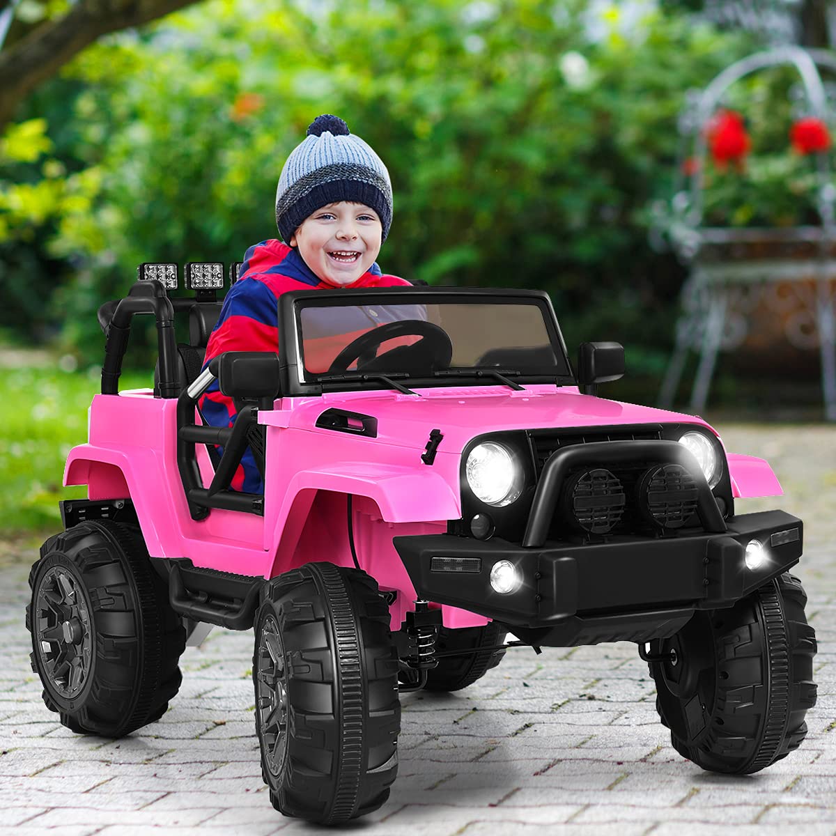 Costzon 12V Electric Ride On Truck for Kids - Battery Powered, Parental Remote Control, LED Lights, Double Doors, Safety Belt, Music & MP3 Player, Spring Suspension - Pink Kids Car for Outdoor & Indoor Play