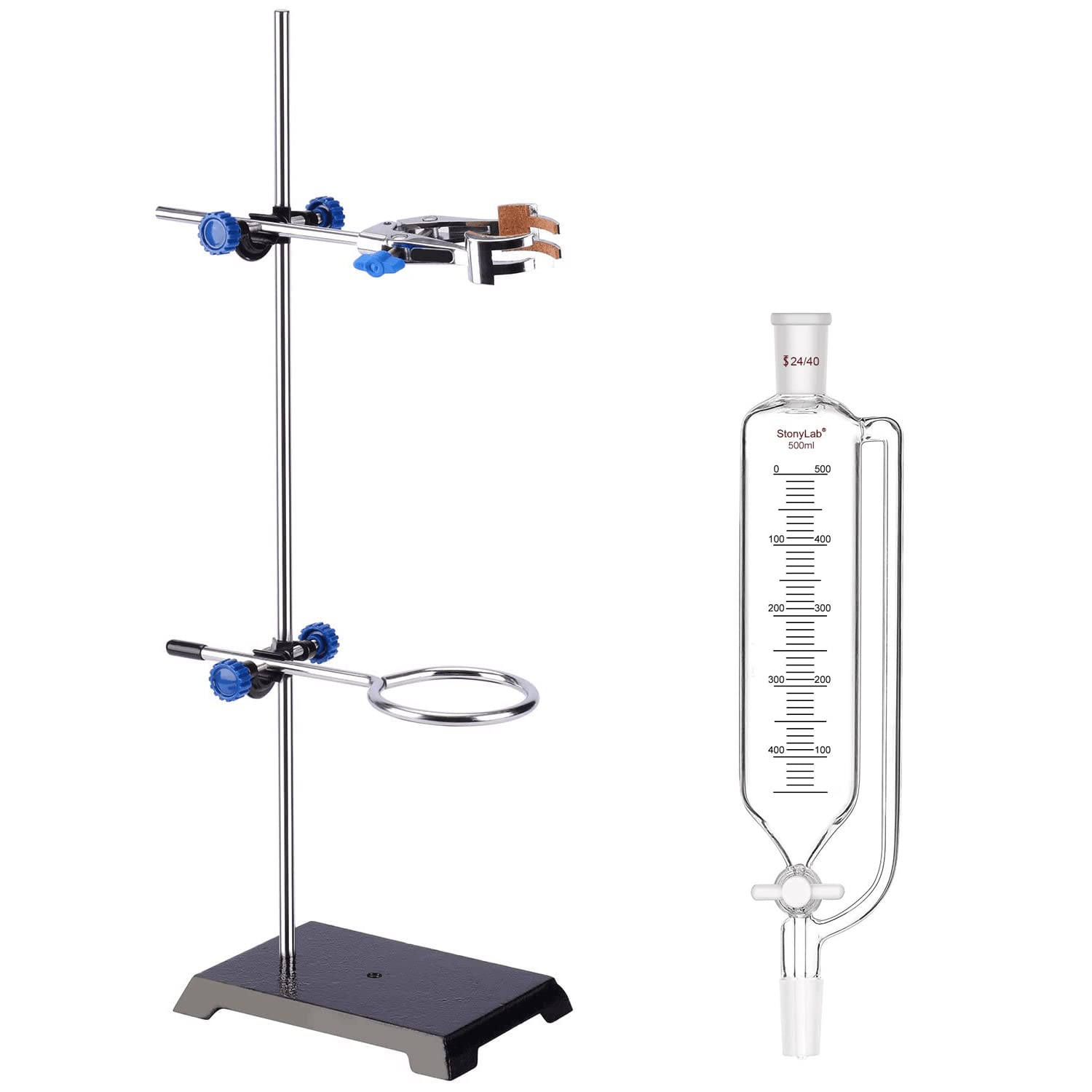 Stonylab 500ml Pressure Equalizing Funnel & Lab Stand Set - Graduated Addition Funnel with Steel Support Stand, Rod, 4-Prong Burette Clamp, Retort Ring & 2 Boss Heads - Perfect for Chemistry Experiments, Titration & Laboratory Research