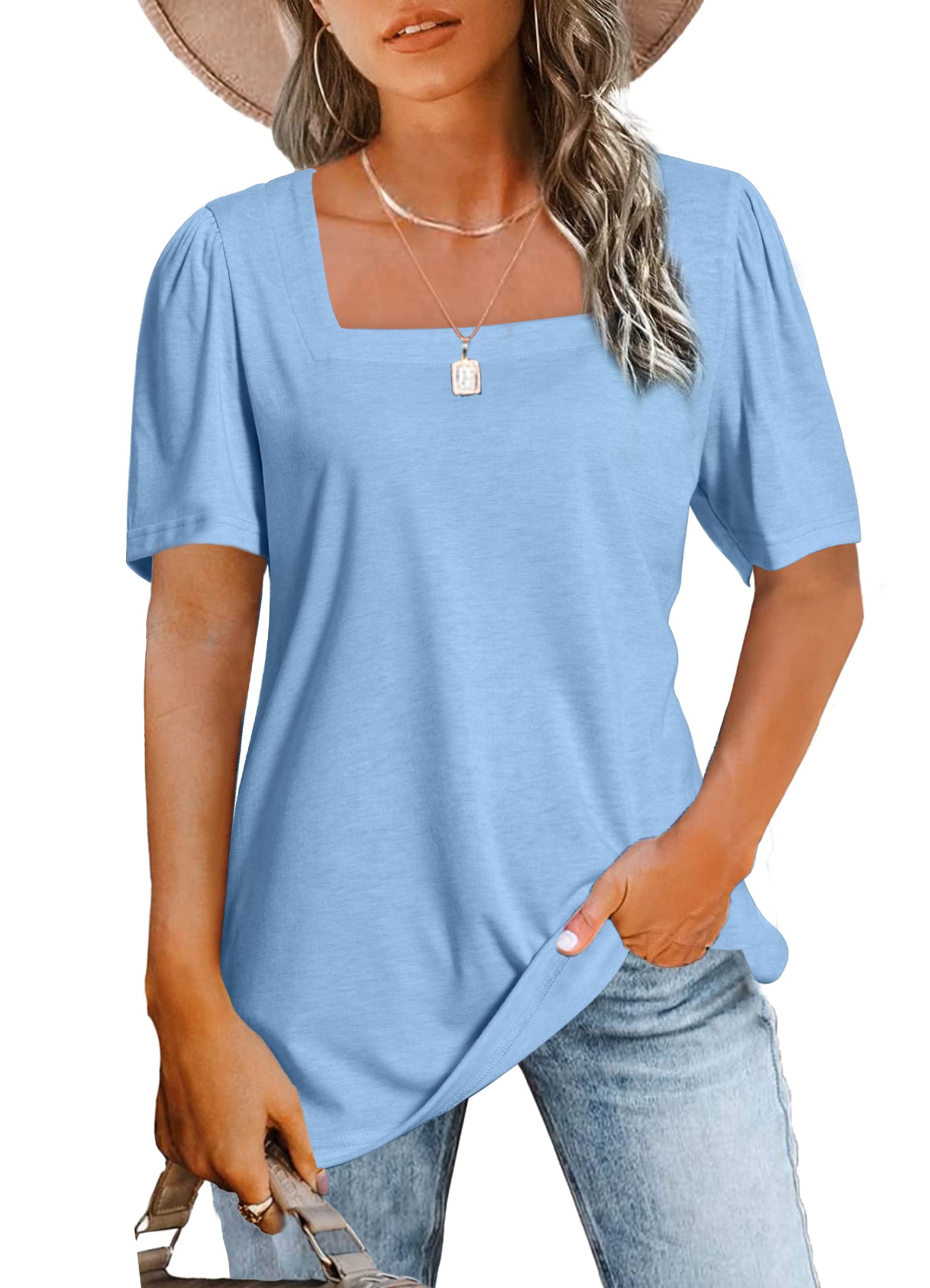 JomeDesign Women's Casual Short Sleeve Square Neck T-Shirt - Puff Sleeve Loose Blouse for Summer | Perfect for Beach Outings, Brunch Dates & Everyday Wear
