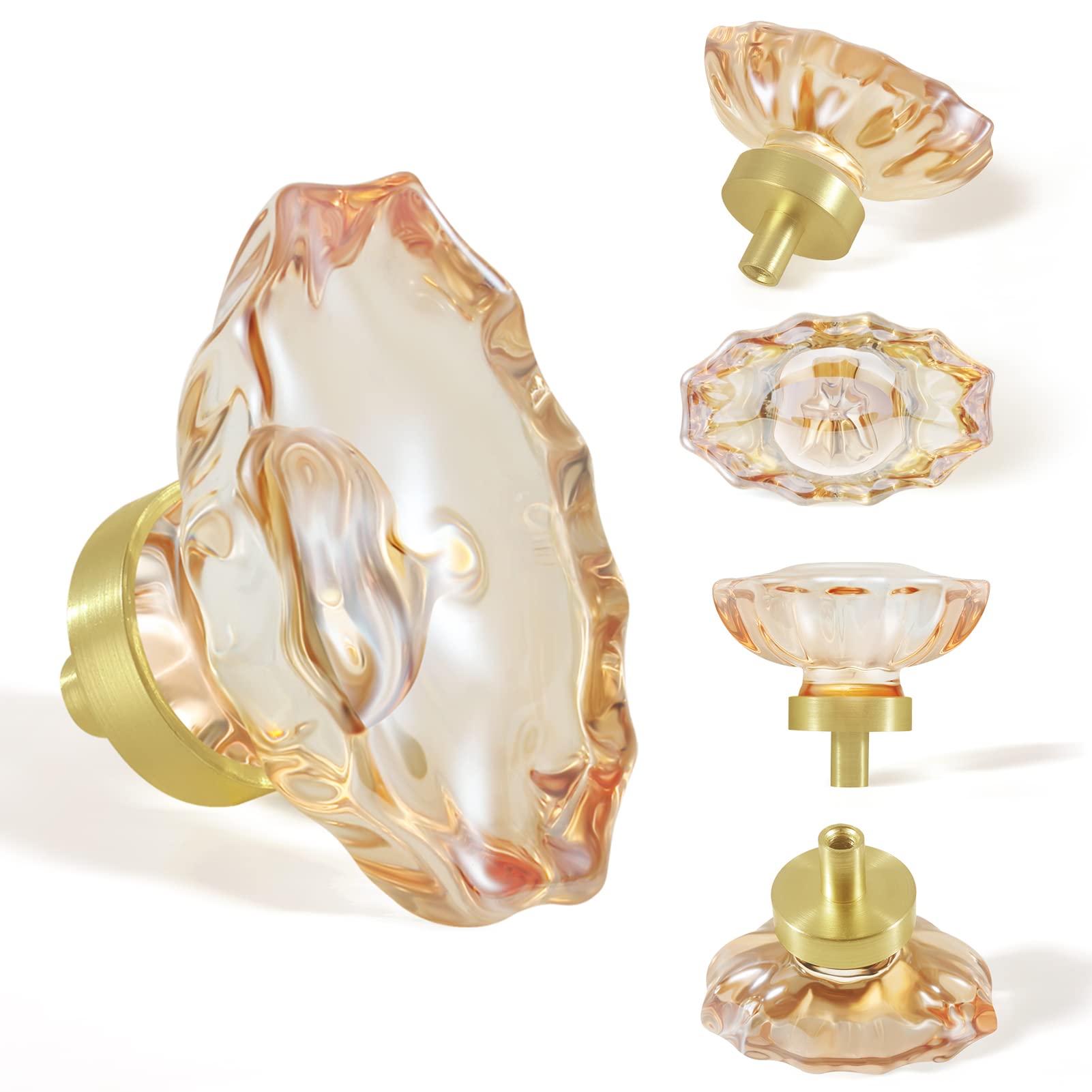 16 Pack Champagne Crystal Cabinet Knobs - Oval Glass Drawer Pulls with Satin Brass & Brushed Gold Base - Perfect for Dressers, Cabinets, and Furniture Upgrades