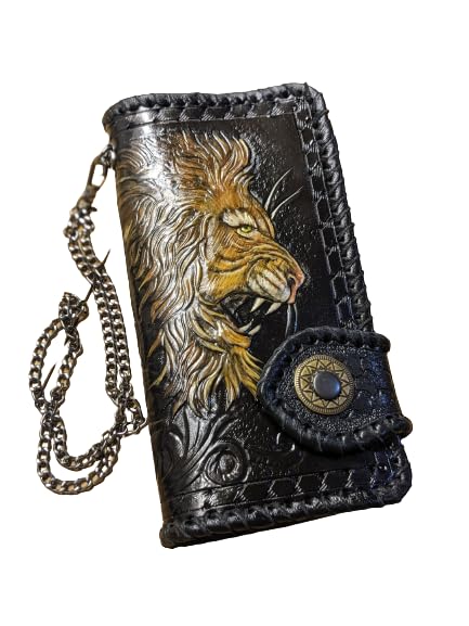 Men's 3D Genuine Leather Wallet - Hand-Carved Biker Wallet with Lion King Design, Custom Personalized Long Wallet for Men | Perfect for Motorcycle Riders, Gift Giving & Everyday Use
