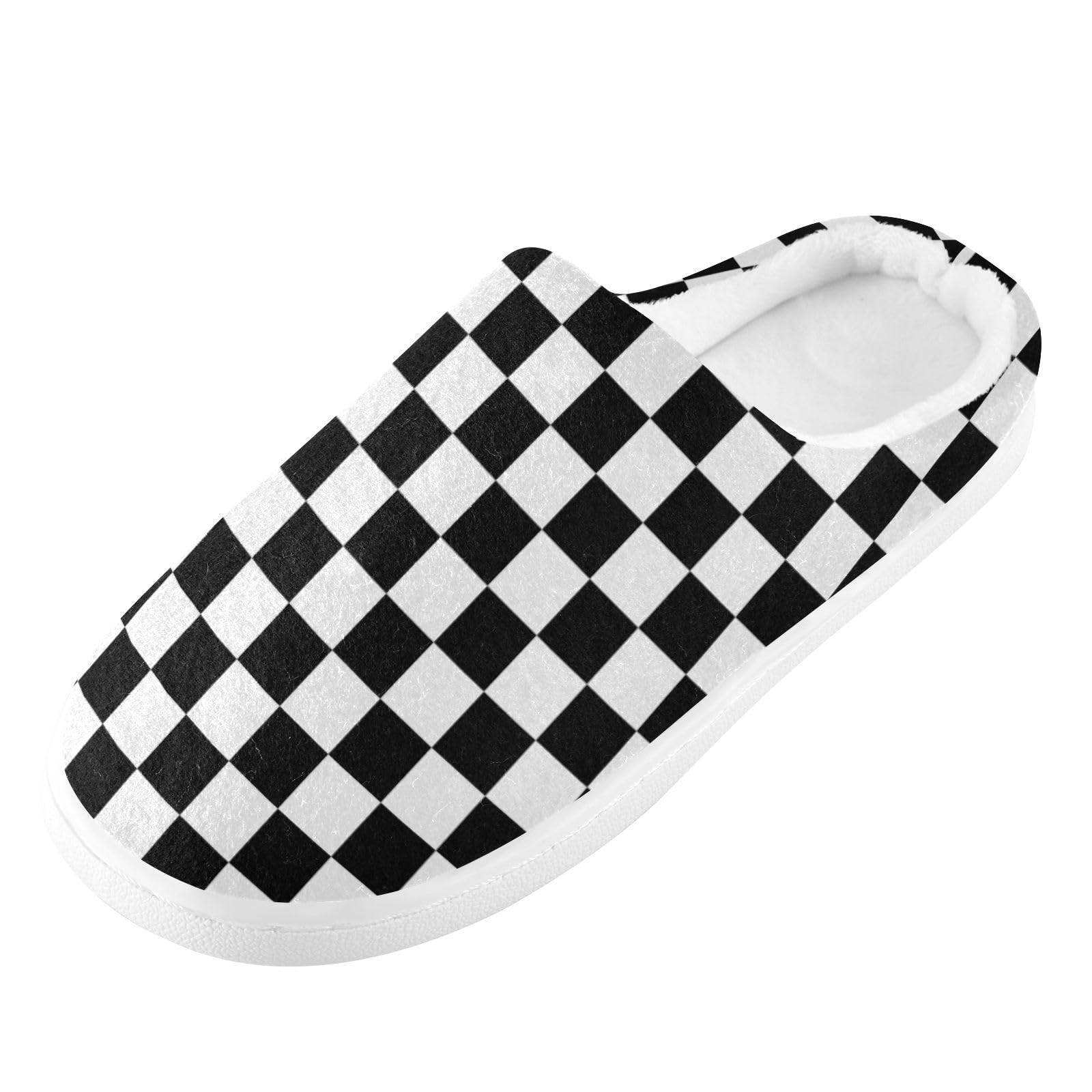 Women's & Men's Cozy Memory Foam House Slippers - Black White Checkerboard Fuzzy Winter Indoor/Outdoor Shoes for Home, Bedroom & Lounge Wear