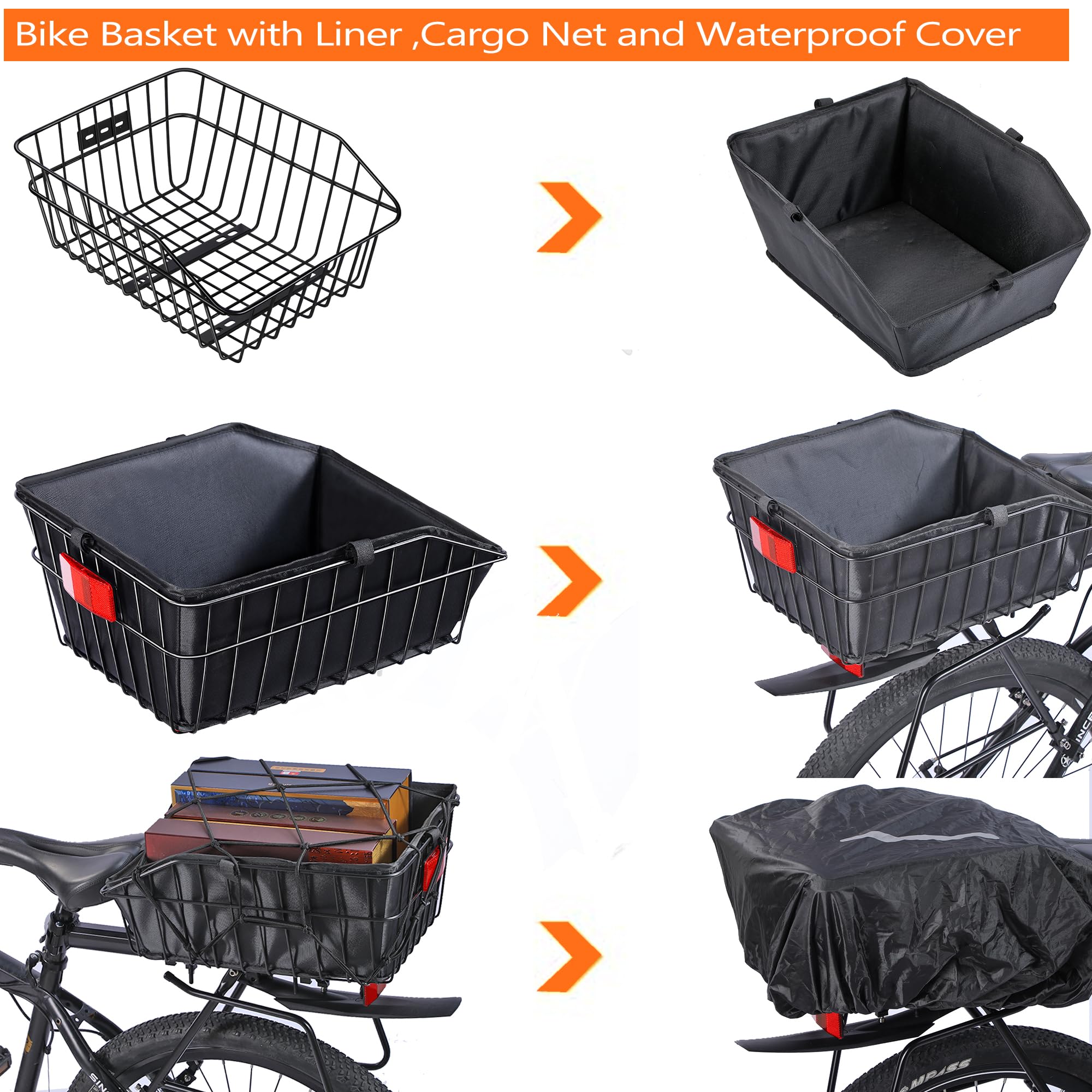Rear Bike Basket with Liner - Large Waterproof Bicycle Rear Basket with Cargo Net - Perfect for Bike Trips, Grocery Shopping & Heavy Loads - Ideal for Commuting, Picnics & Outdoor Adventures