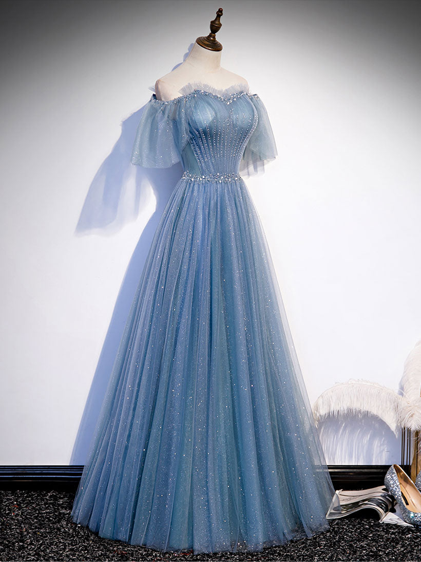 Elegant Blue Sweetheart Tulle Sequin Long Prom Dress for Women - Perfect for Formal Dances, Evening Galas & Special Occasions