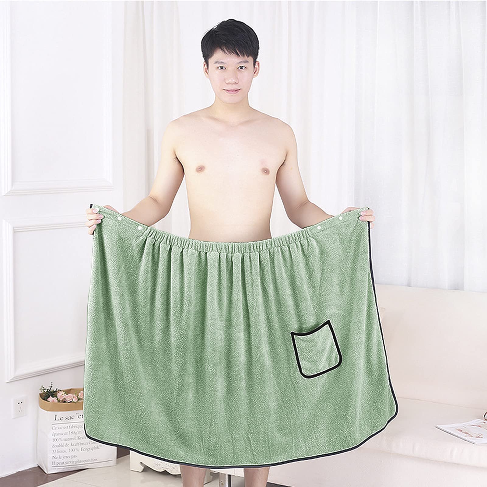 Men's Adjustable Bath Towel Wrap with Pocket - Soft Spa Shower Wrap for Sauna, Gym, Pool & Beach - Perfect for College Dorm, Locker Room & Post-Workout Comfort