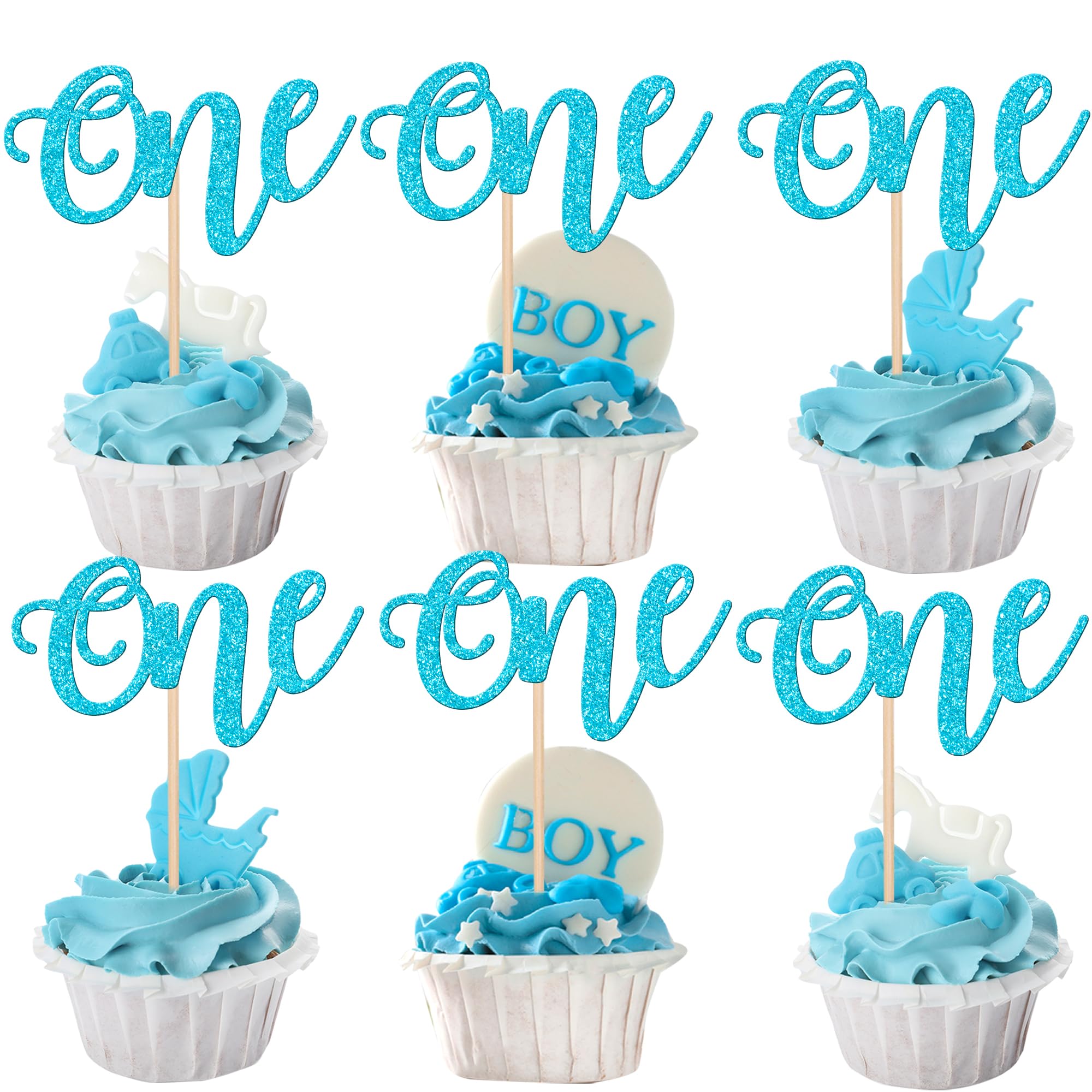 24 Pack Glitter Baby First Birthday Cupcake Toppers - Blue Food Picks for Baby Shower, 1st Birthday Party Cake Decorations (Boys, Girls, Kids) - Perfect for Birthday Cakes, Cupcakes, Dessert Tables and Party Decorations