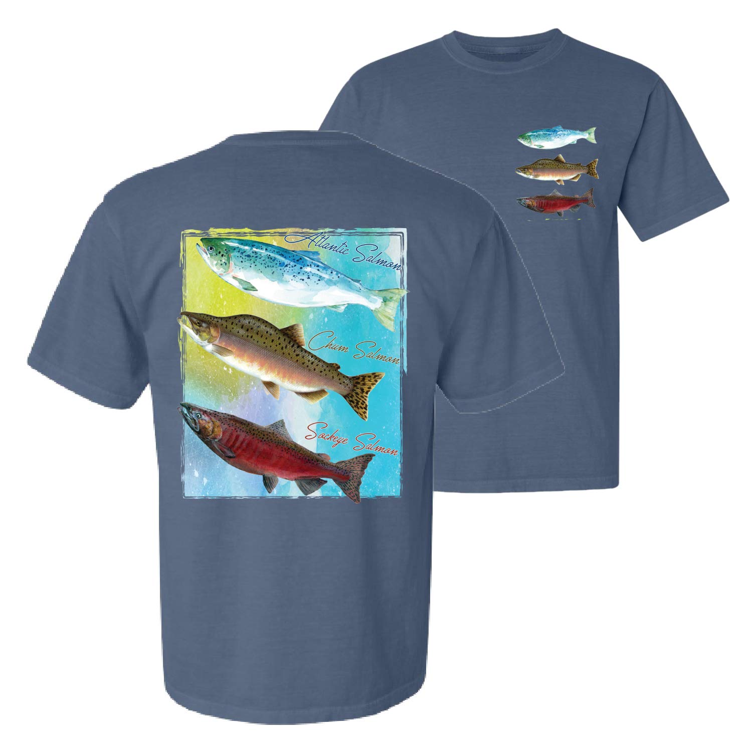 Atlantic Chum Sakeye Salmon Fishing Trio Graphic T-Shirt - Comfortable Front & Back Printed Short Sleeve Tee for Men - Perfect for Fishing Trips, Outdoor Adventures & Casual Wear