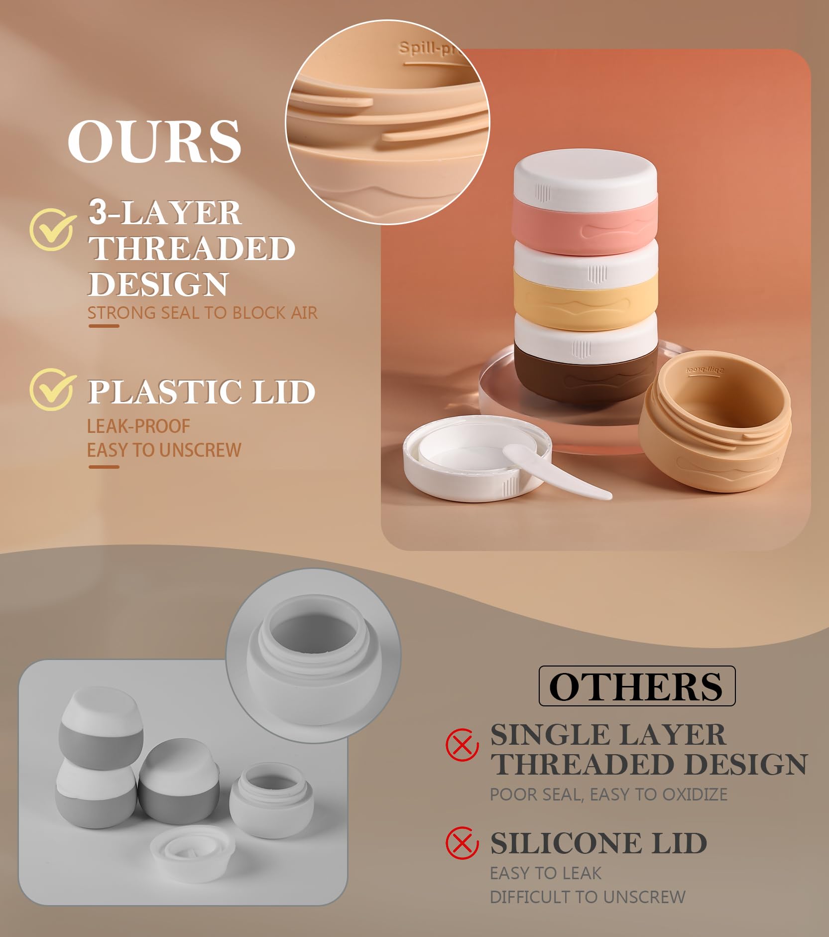 TSA Approved Travel Size Silicone Containers for Toiletries (1.35 fl oz/40ml) - Leakproof Cream Jars with Clear Cosmetic Bag & Spatula - Perfect for Skincare Essentials, Air Travel & On-The-Go Beauty Routine
