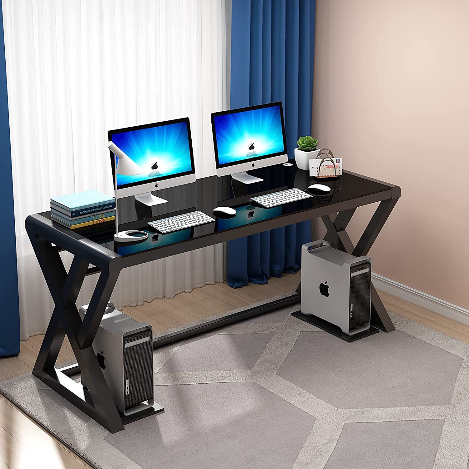 55.1 Inch Modern Glass Computer Desk & Gaming Desk - Sturdy Metal Frame Home Office Workstation for Study, Writing & Workspace - Space-Saving Multipurpose Design for Small Rooms & Apartments