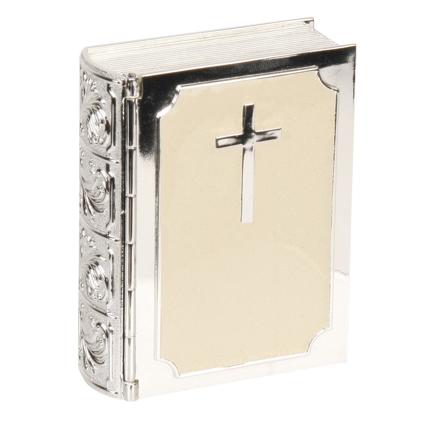 Silver-Plated Bible Trinket Box with Cream Epoxy Finish - Perfect for Jewelry Storage, Keepsakes & Religious Gifts
