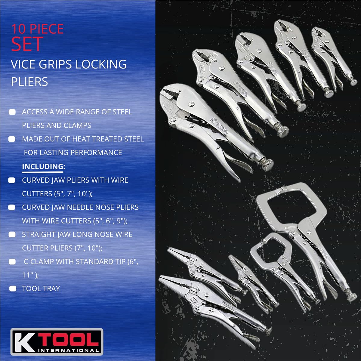 K Tool International 58730 10-Piece Automotive Vice Grip Pliers Set - Locking Straight & Curved Jaw Needle Nose Pliers for Auto Repair, DIY Projects & Garage Use | Heat-Treated Nickel Plated Steel with Organizing Tray | Perfect for Mechanics, Home Workshops & Professional Repair Shops