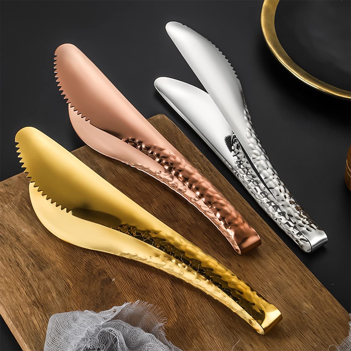Premium 18/10 Stainless Steel Salad Serving Set - Hammered Finish Metal Salad Tongs with Spoon & Fork - Heavy Duty Rose Gold Kitchen Utensils for Buffet, Party, Catering & Home Dining