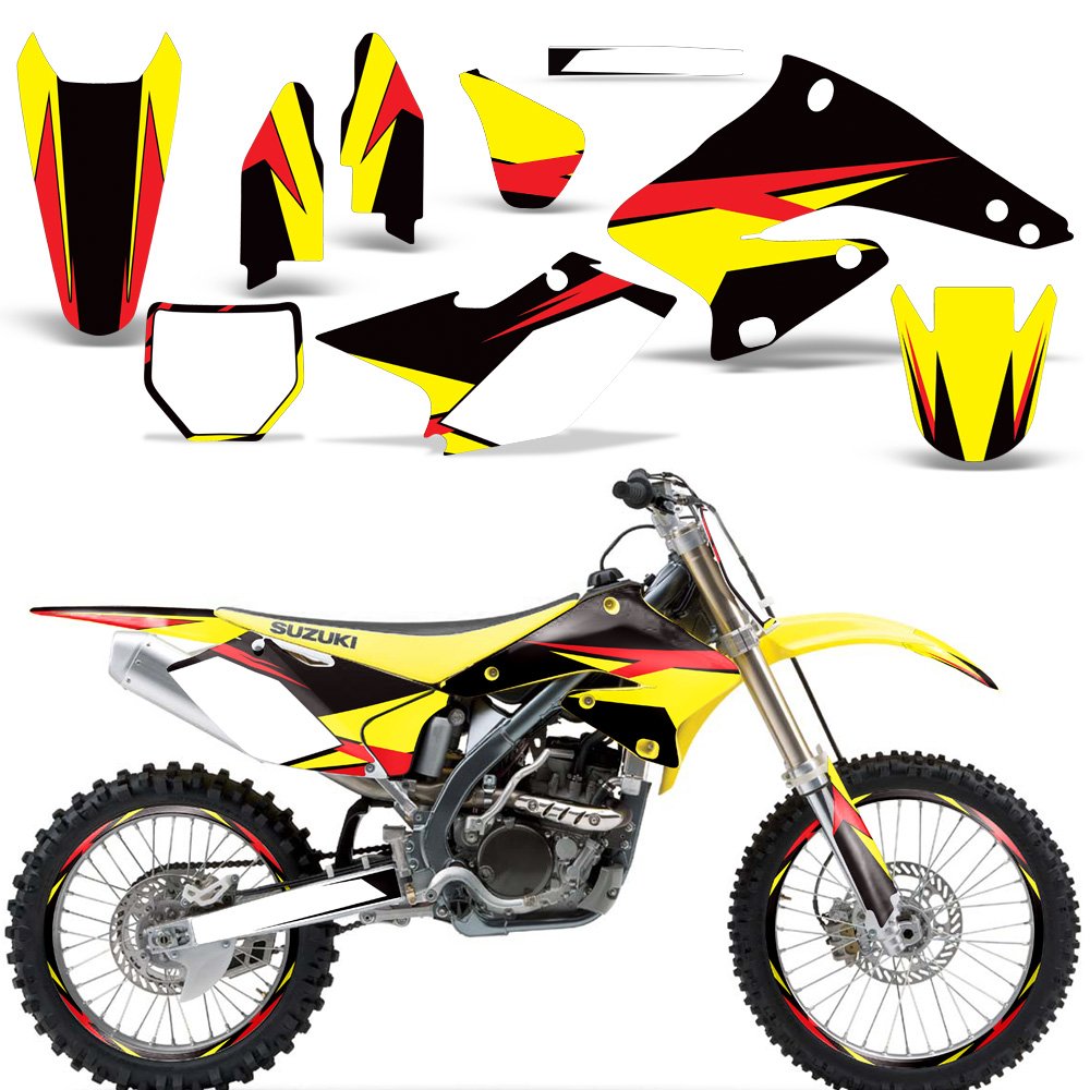 MX Dirt Bike Graphics Kit Sticker Decal with Rim Trim & Number Plates for Suzuki RMZ 250 2004-2006 - Bold Race Design - Off-Road Motocross Customization & Track Racing Accessories