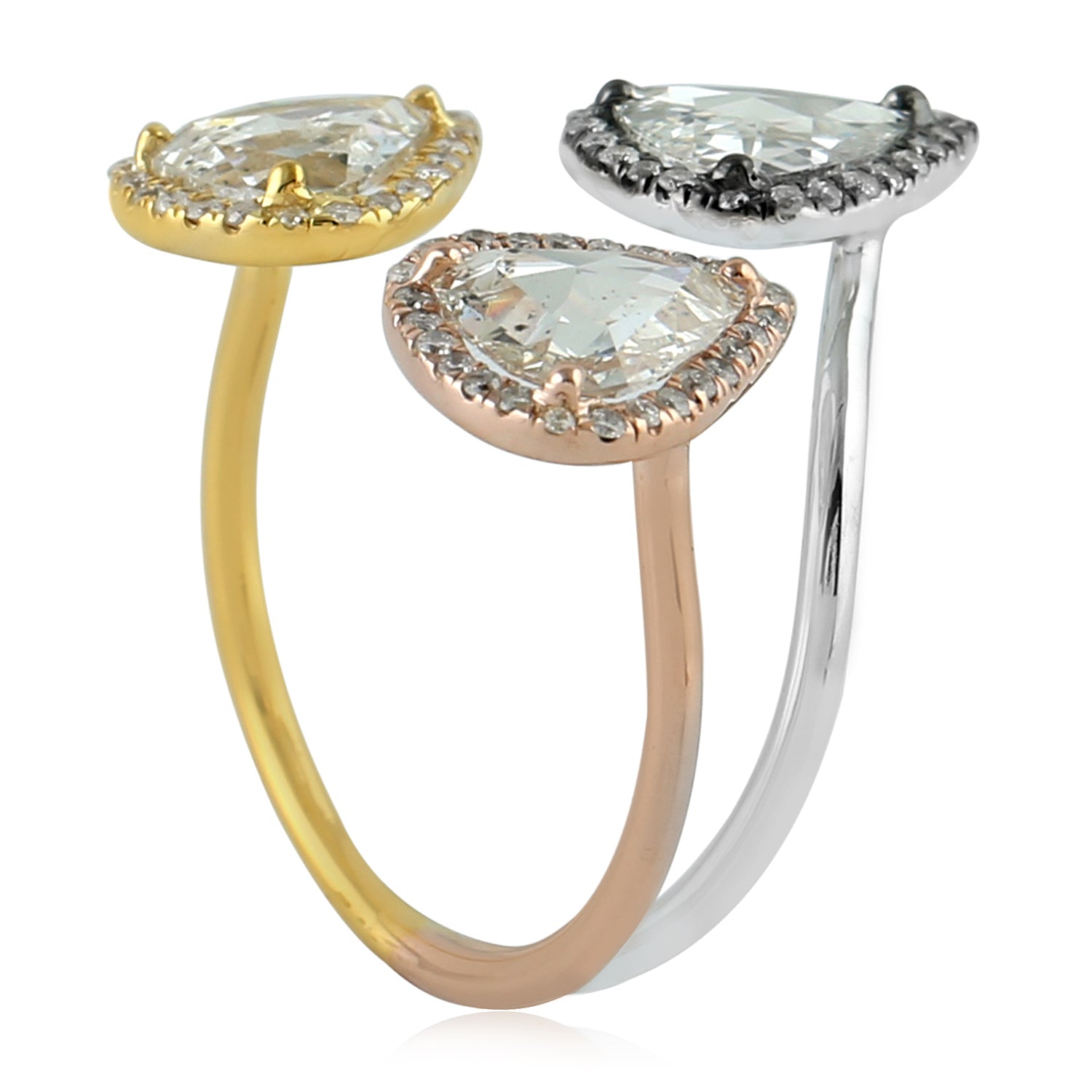 18K White Yellow Rose Gold Rose Cut Diamond 3-Tone Stackable Ring for Women - Elegant Between Finger Ring for Wedding, Anniversary & Special Occasions