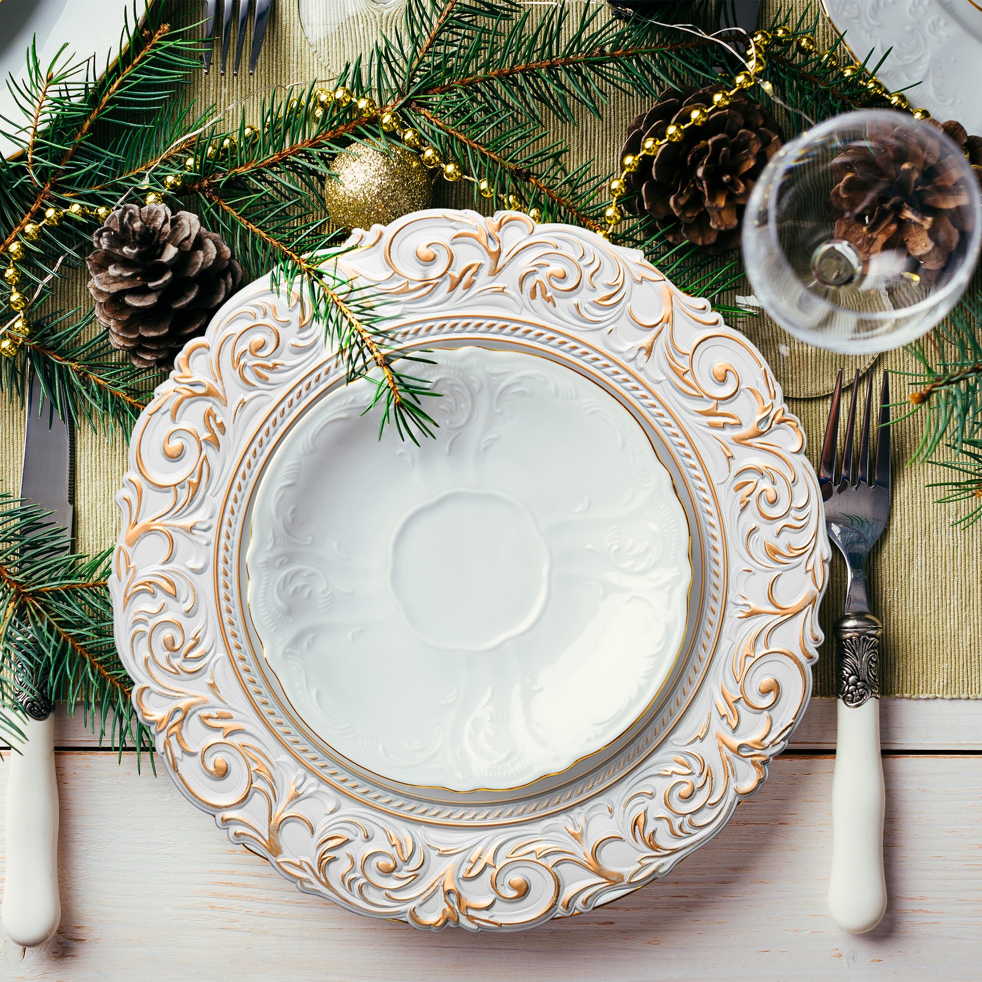 GENMOUS 13-Inch White Charger Plates Set of 8 - Vintage Embossed Plastic Dinner Plates for Wedding, Party, Christmas & Thanksgiving - Elegant Gold Rim Charger Plates Bulk for Rustic Farmhouse Kitchen Decor - Perfect for Holiday Tablescapes, Buffet Serving & Formal Dining