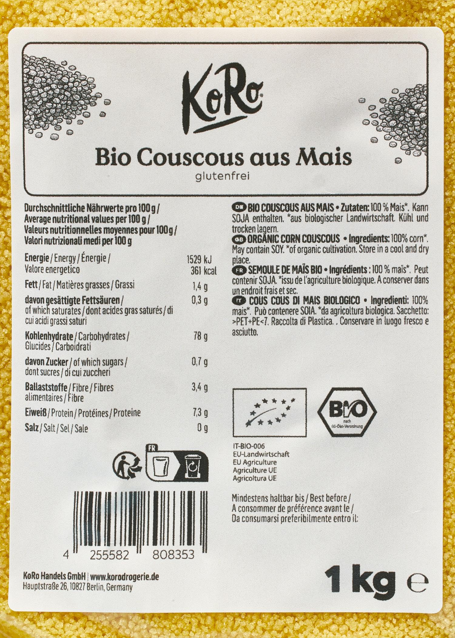 Organic Gluten Free Corn Couscous 1kg - 100% Pure Corn, Vegan & Non-GMO - Perfect for Salads, Soups & Mediterranean Dishes - Healthy Grain Alternative for Vegan & Gluten-Free Diets