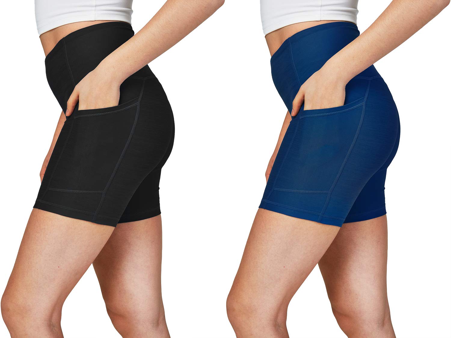 DEVOPS Women's High Waist Yoga Shorts 2-Pack - Workout Running Exercise Shorts with Side Pockets for Gym, Fitness & Active Lifestyle