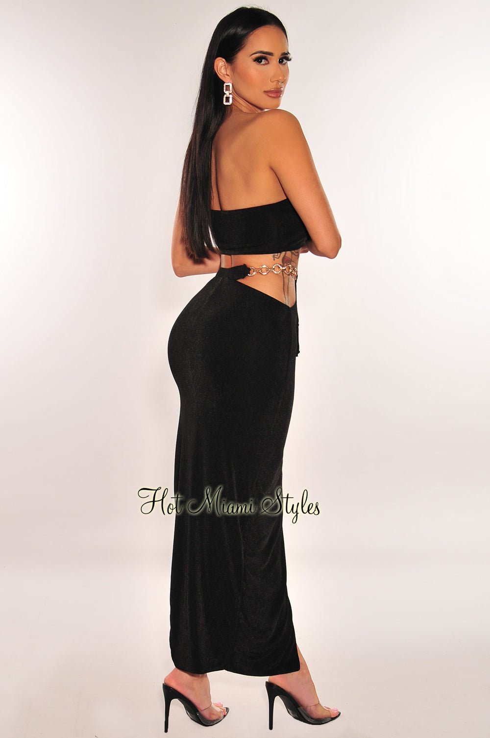 Black Gold Chain One Shoulder Cut Out Skirt Two Piece Set - Sexy Evening Outfit for Women | Perfect for Club, Party & Date Night