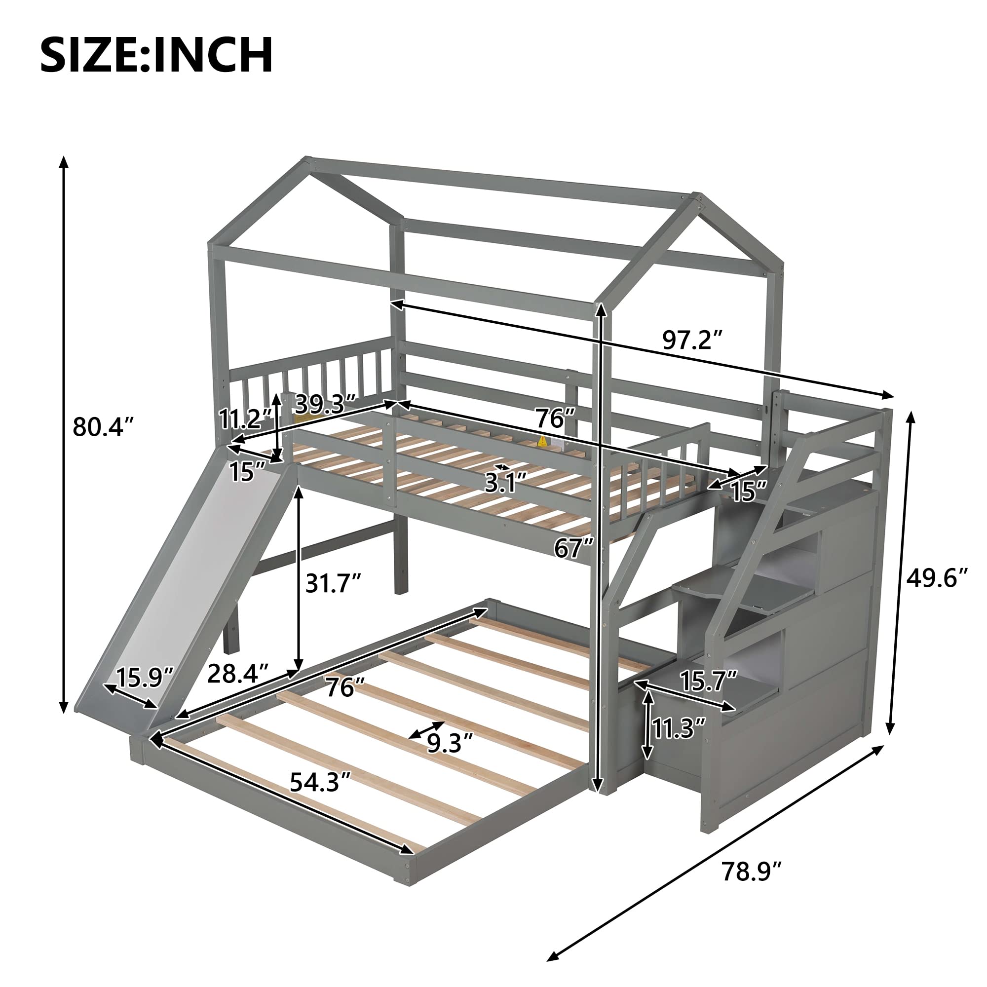 LZ LEISURE ZONE Twin Over Full Bunk Bed with Slide & Storage Stairs - Convertible Wooden Bunk Bed Frame for Kids, Teens & Adults - Safe Full-Length Guardrail - Space-Saving Grey Bunk Bed for Small Rooms, Guest Rooms & Vacation Homes