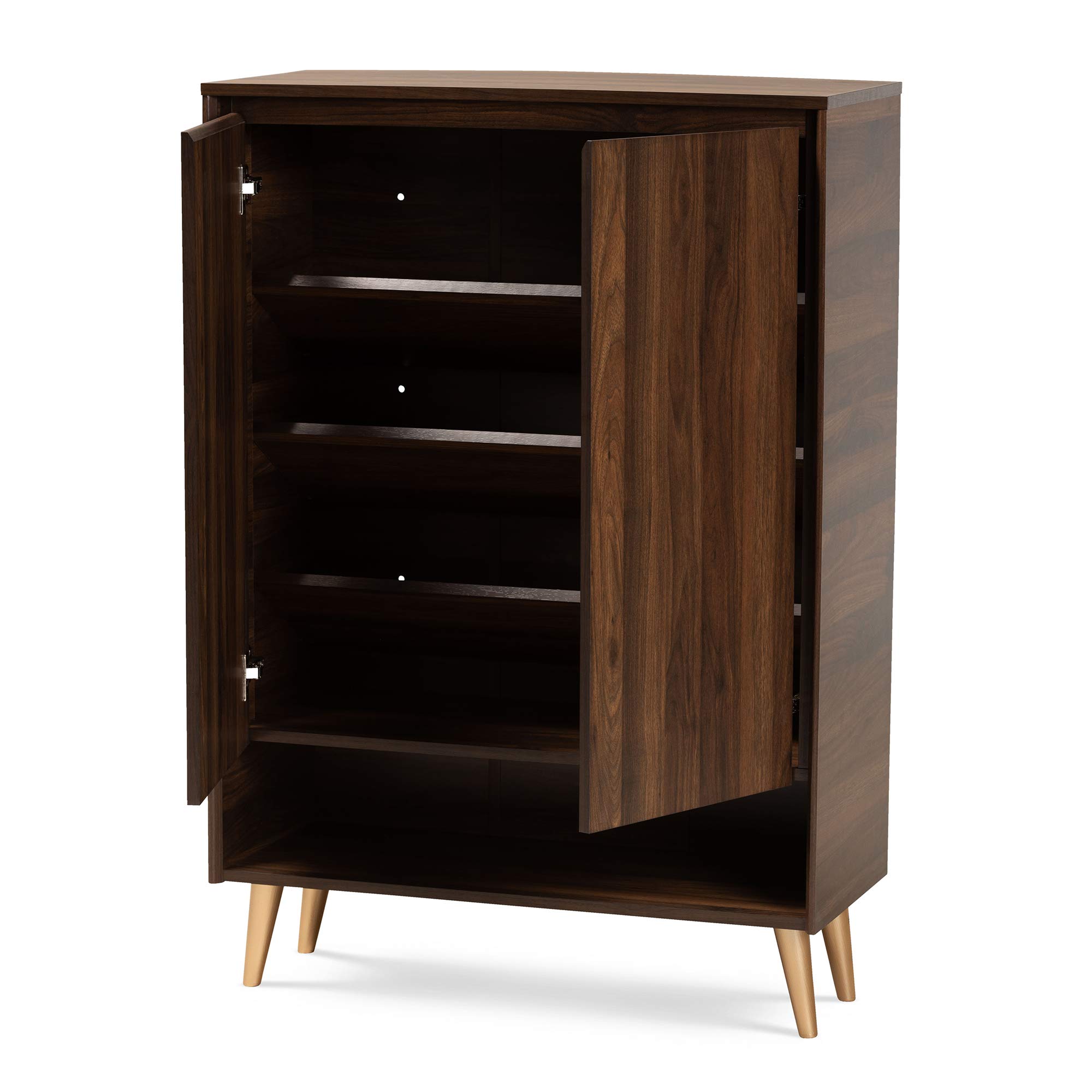 Baxton Studio Landen Mid-Century Modern Shoe Storage Cabinet - 2-Door Entryway Organizer in Walnut Brown & Gold Finish | Perfect for Small Spaces, Hallways & Closets