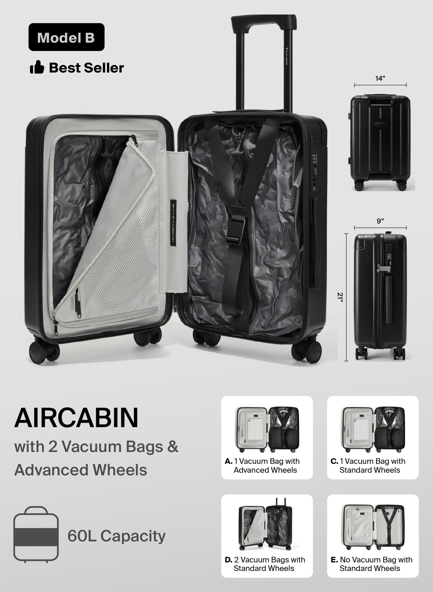 20-Inch Air Vacuum Seal Compression Suitcase with USB Port & TSA Lock | Carry-On Travel Luggage with AirCabin Pump | Includes 2X 60L Vacuum Bags & Hinomoto Wheel Lock | Perfect for Business Trips, Vacations & Compact Storage