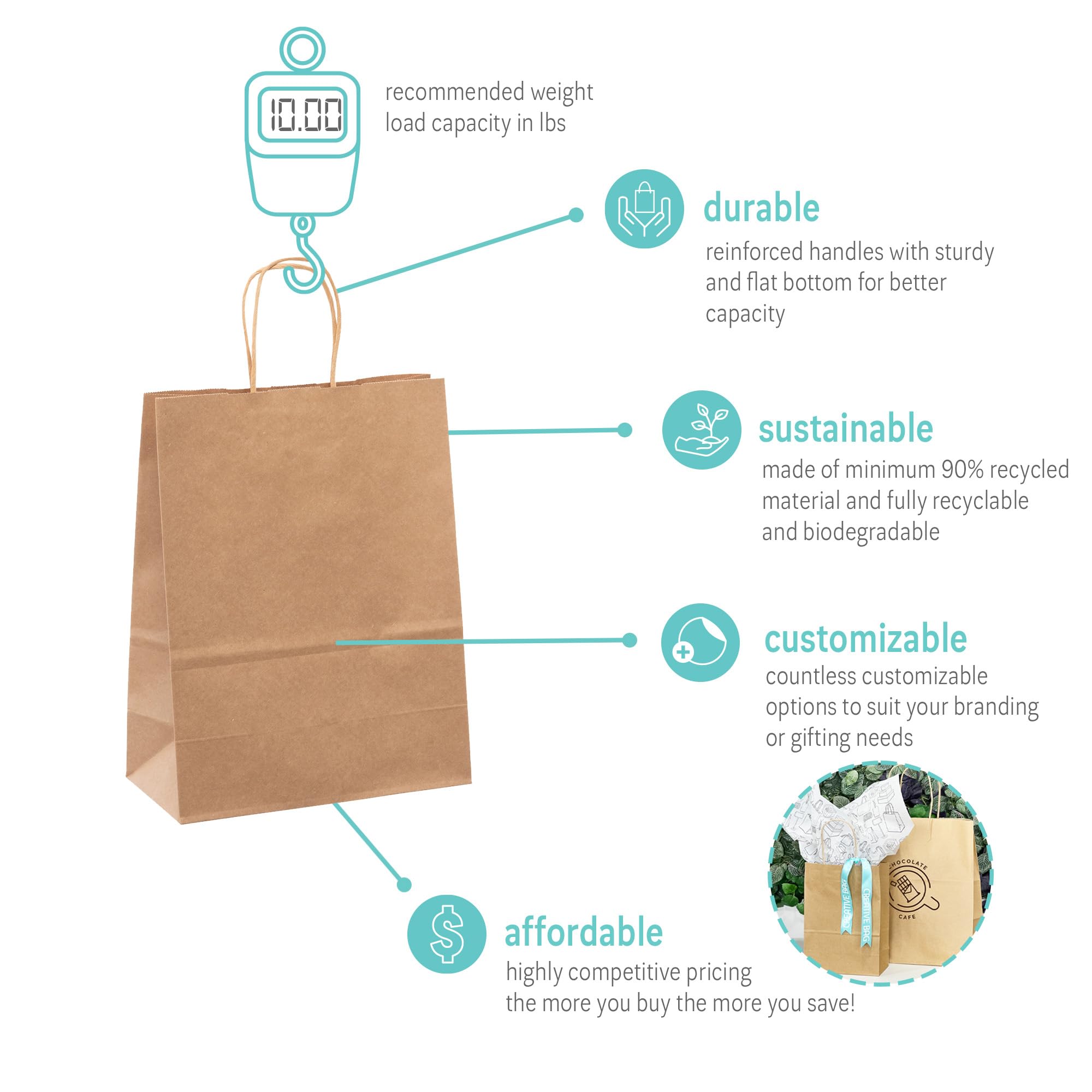 250 Pcs Brown Kraft Paper Bags with Handles - 10