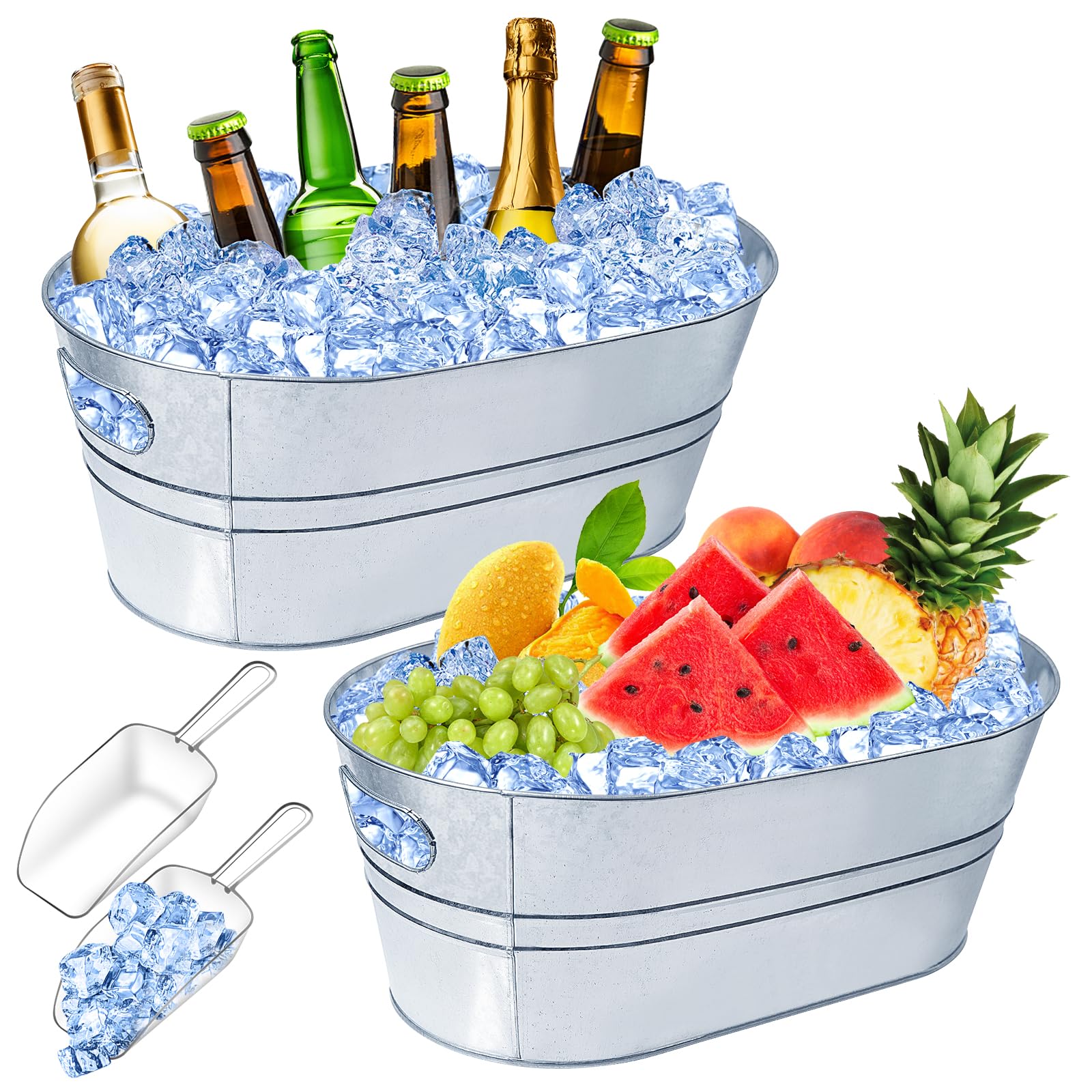 IKAYAS 4 Gallon Galvanized Metal Ice Bucket with Scoop - Large Champagne & Beer Cooler Tub for Cocktail Bars, Mimosa Parties, Weddings & Outdoor Events (2 Pack) - Perfect for Keeping Drinks Chilled at BBQs, Pool Parties & Celebrations