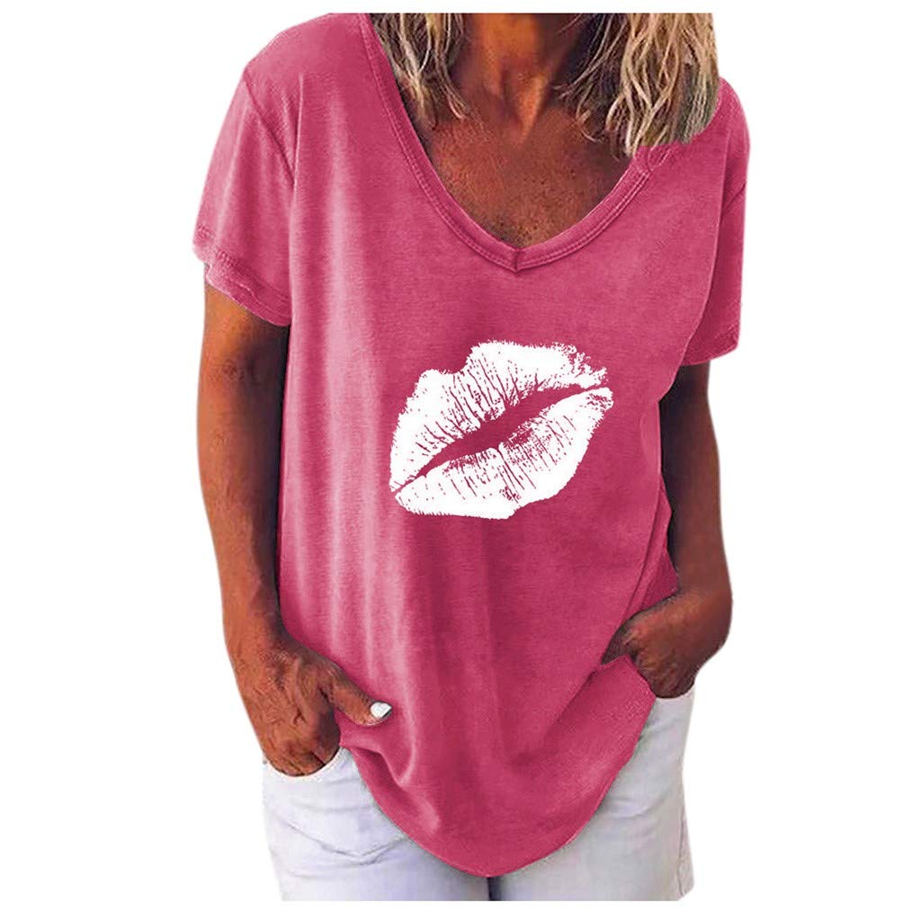 Lozeny Women's Graphic Lips V-Neck Short Sleeve T-Shirt - Summer Casual Fashion Top for Everyday Wear, Outings & Date Nights
