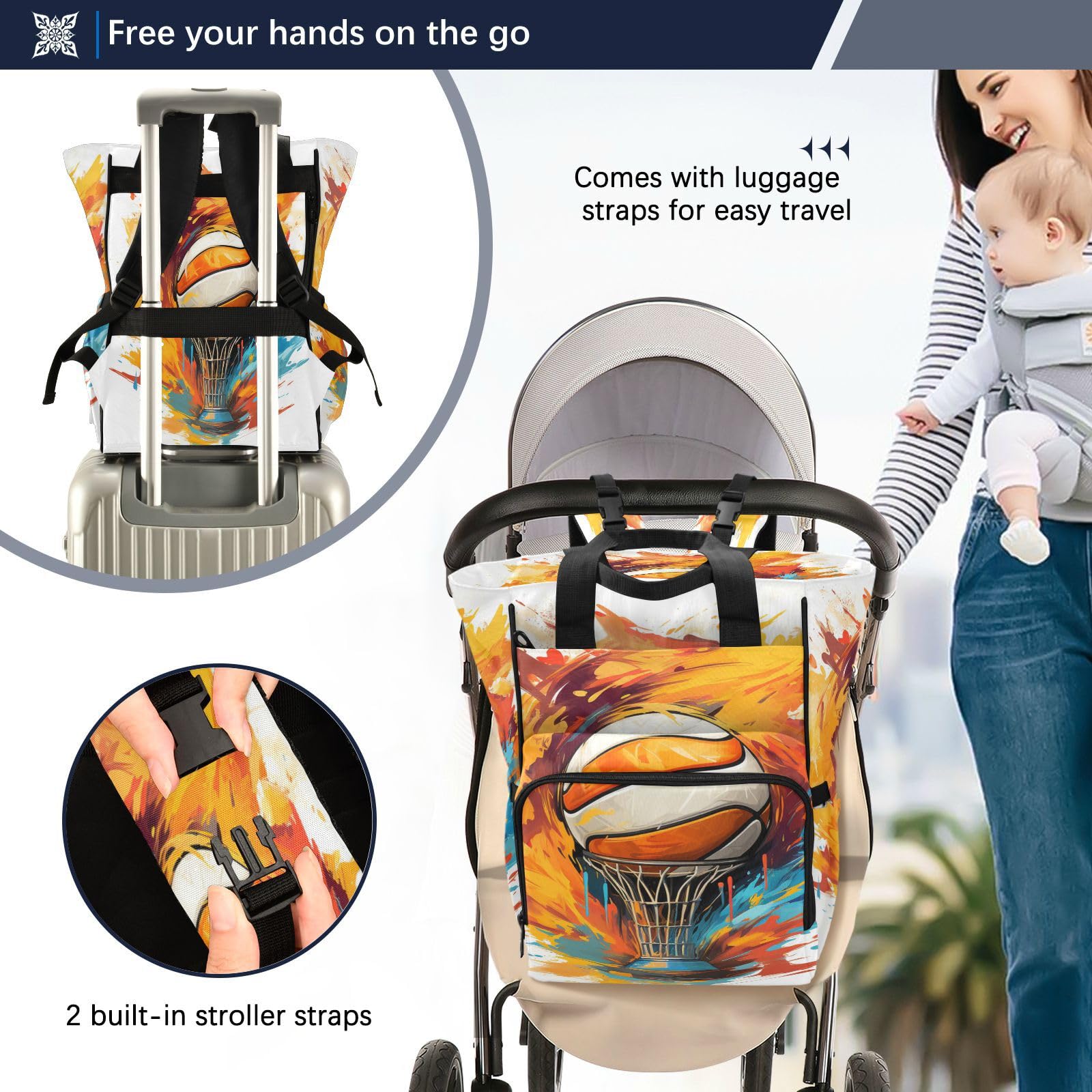 Stylish Multifunctional Diaper Backpack for Moms - Large Capacity Lightweight Travel Baby Bag with Basketball Art Design, Perfect for Sports, Outings & Daily Use