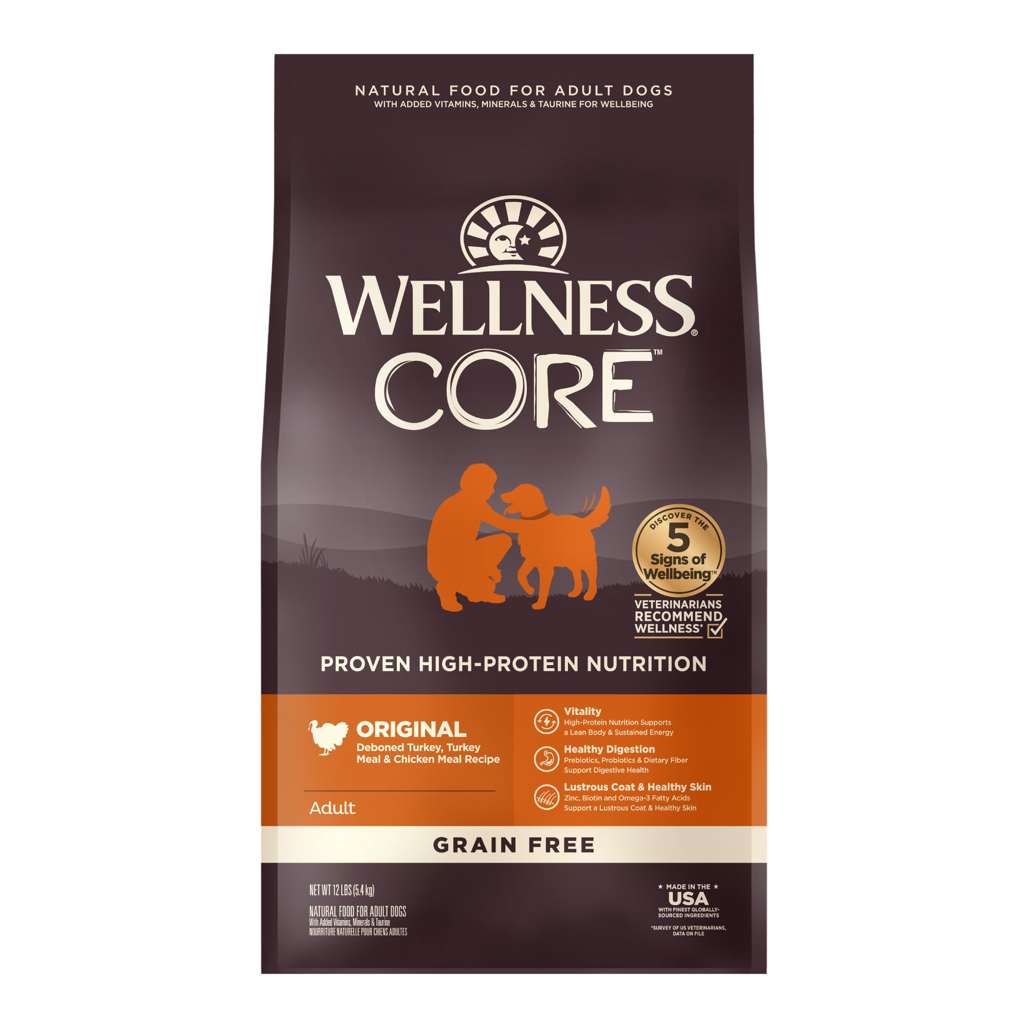 Wellness CORE Grain-Free High Protein Dry Dog Food - Natural Original Turkey & Chicken Recipe (12-Pound Bag) - Perfect for Active Dogs & Weight Management