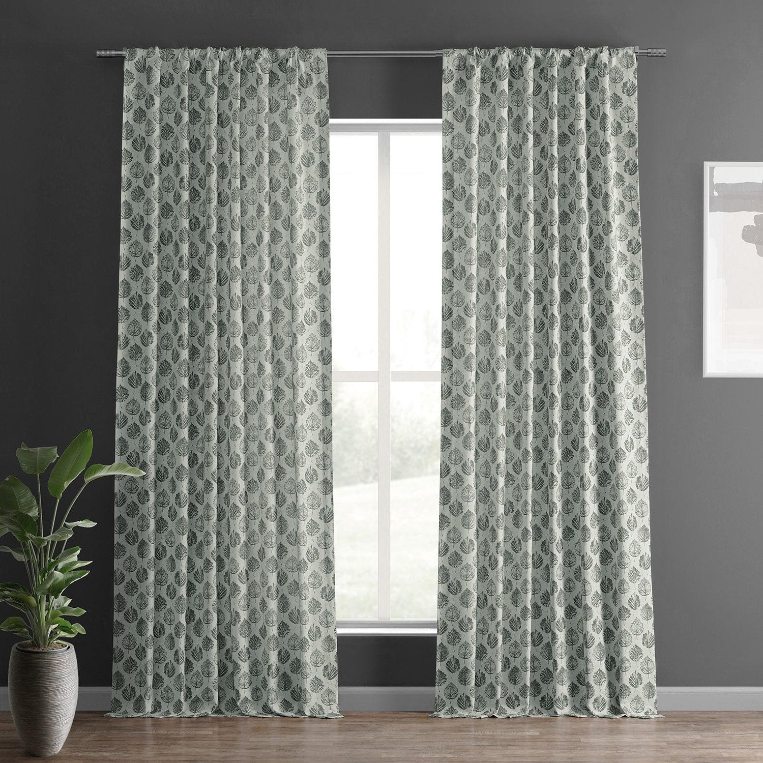 Elm Leaf Black Floral Printed Cotton Curtains for Living Room & Bedroom - Elegant Textured Window Drapes for Home Decor