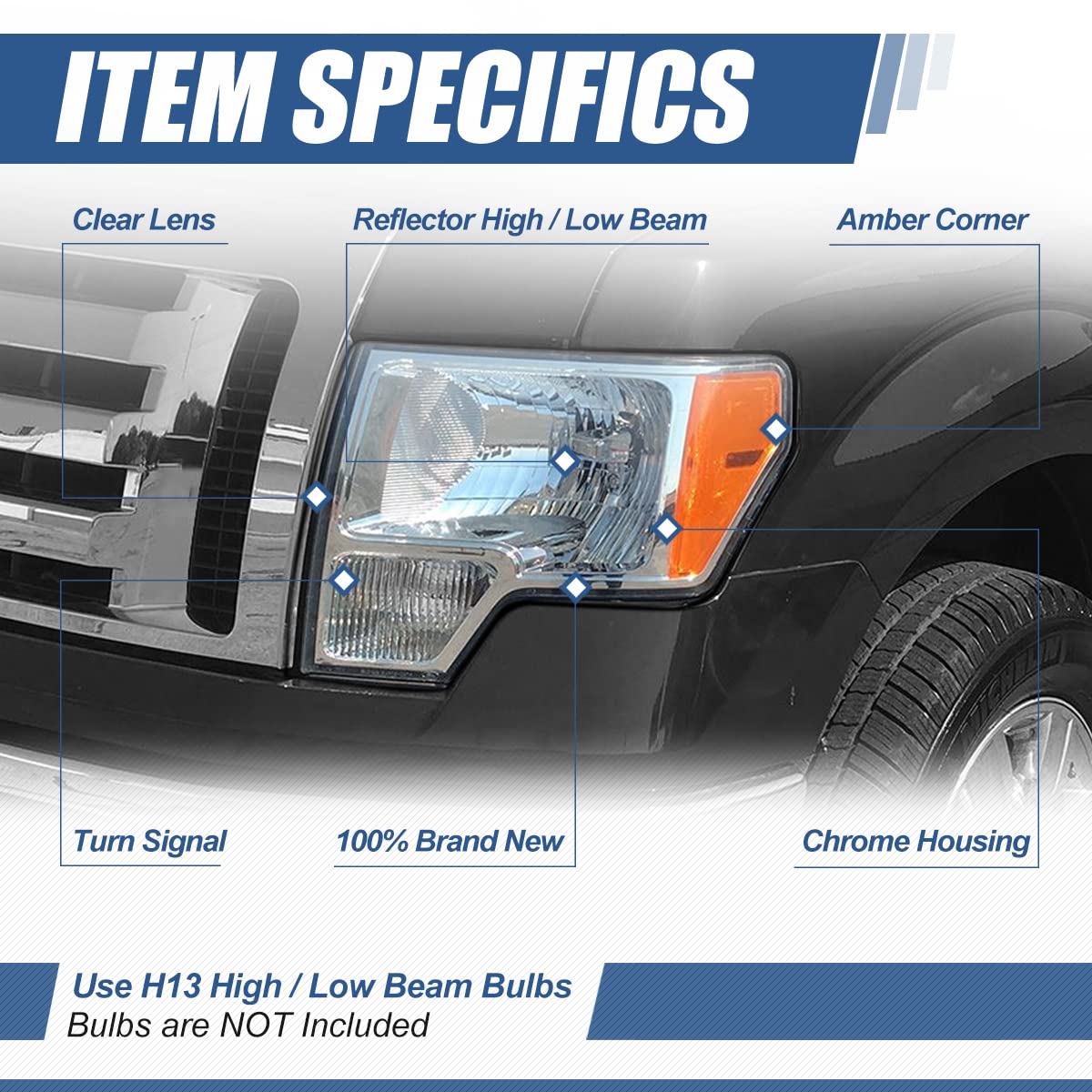 Auto Dynasty Halogen Headlight Assembly Replacement for Ford F-150 12th Generation (2009-2014) - Driver & Passenger Side Headlamps with Signal Lights & Chrome Housing Amber Corner - Perfect for Night Driving, Off-Road Adventures & Vehicle Restoration Projects