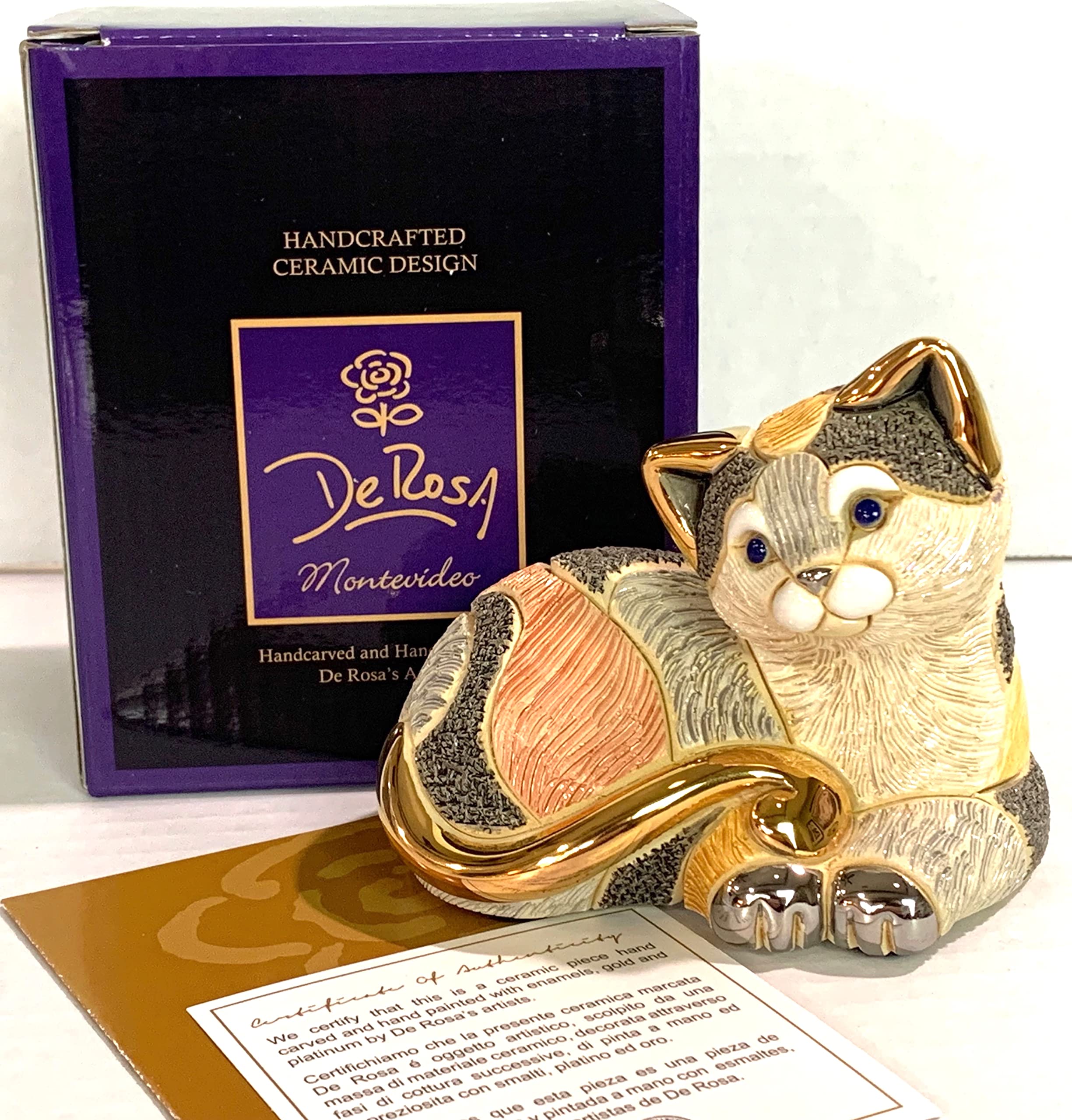 Handmade Ceramic Calico Cat Figurine - De Rosa Family Collection F217 in Gift Box | Unique Home Decor & Cat Lover Gift for Birthday, Housewarming, Christmas