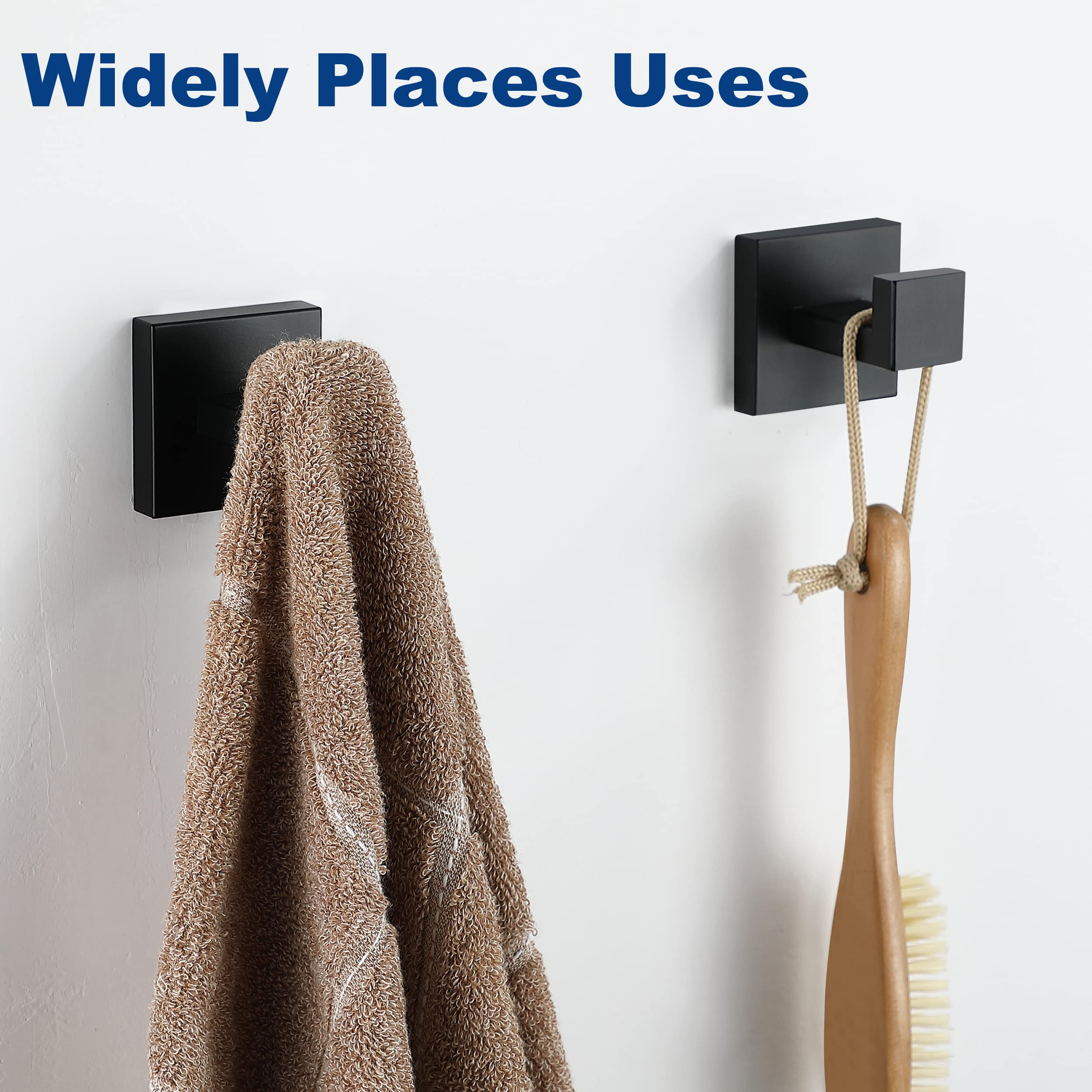 Matte Black SUS304 Stainless Steel Towel Hooks - Heavy Duty Square Wall Mount Coat & Robe Hooks for Bathroom, Kitchen (4 Pack) - Perfect for Hanging Towels, Coats, Sponges & Bathrobes