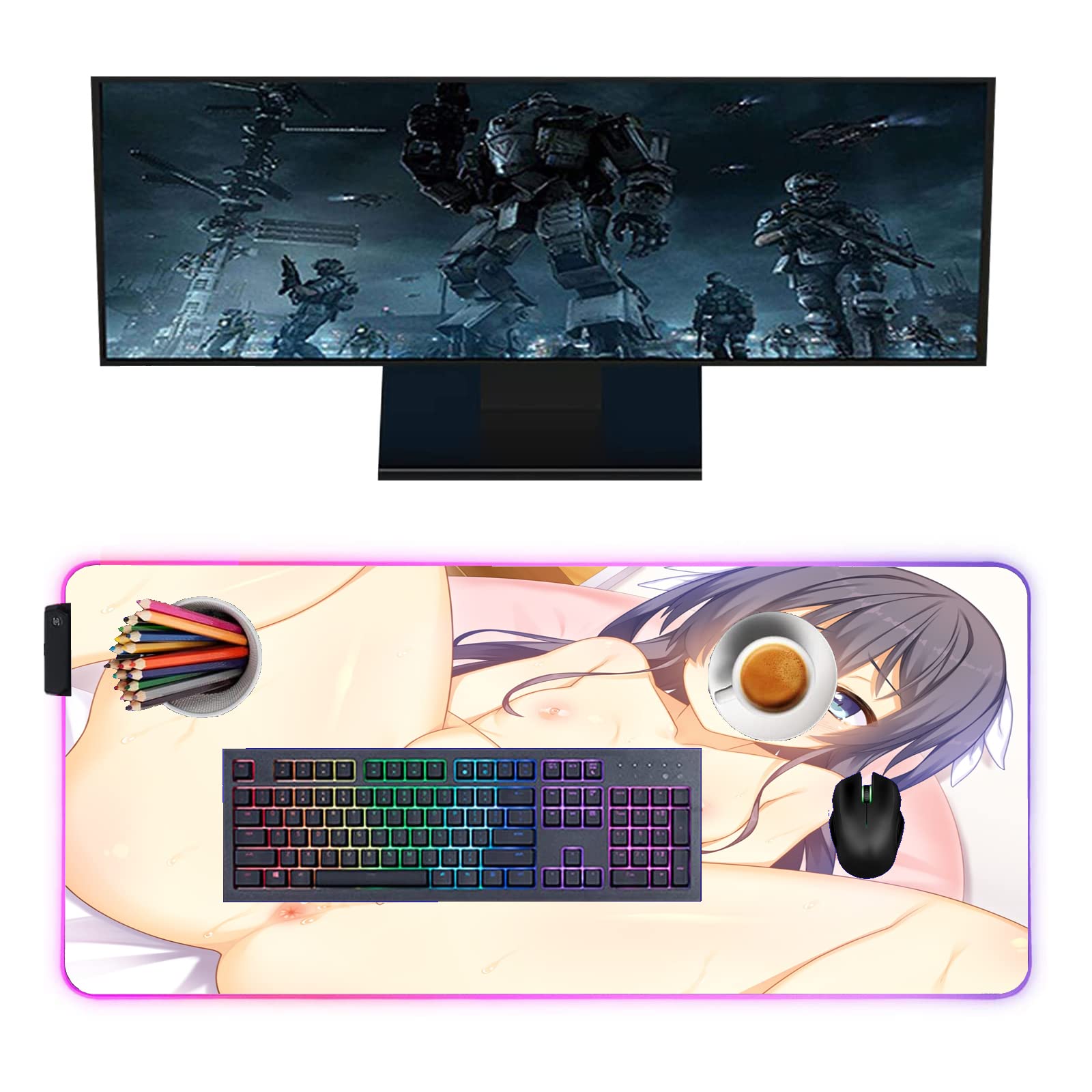 Anime Girl RGB LED Glowing Gaming Mouse Pad - 31.49 x 12 Inch Large Non-Slip Surface for PC Keyboard & Mouse - Perfect for Gamers, Office Work & Computer Accessories