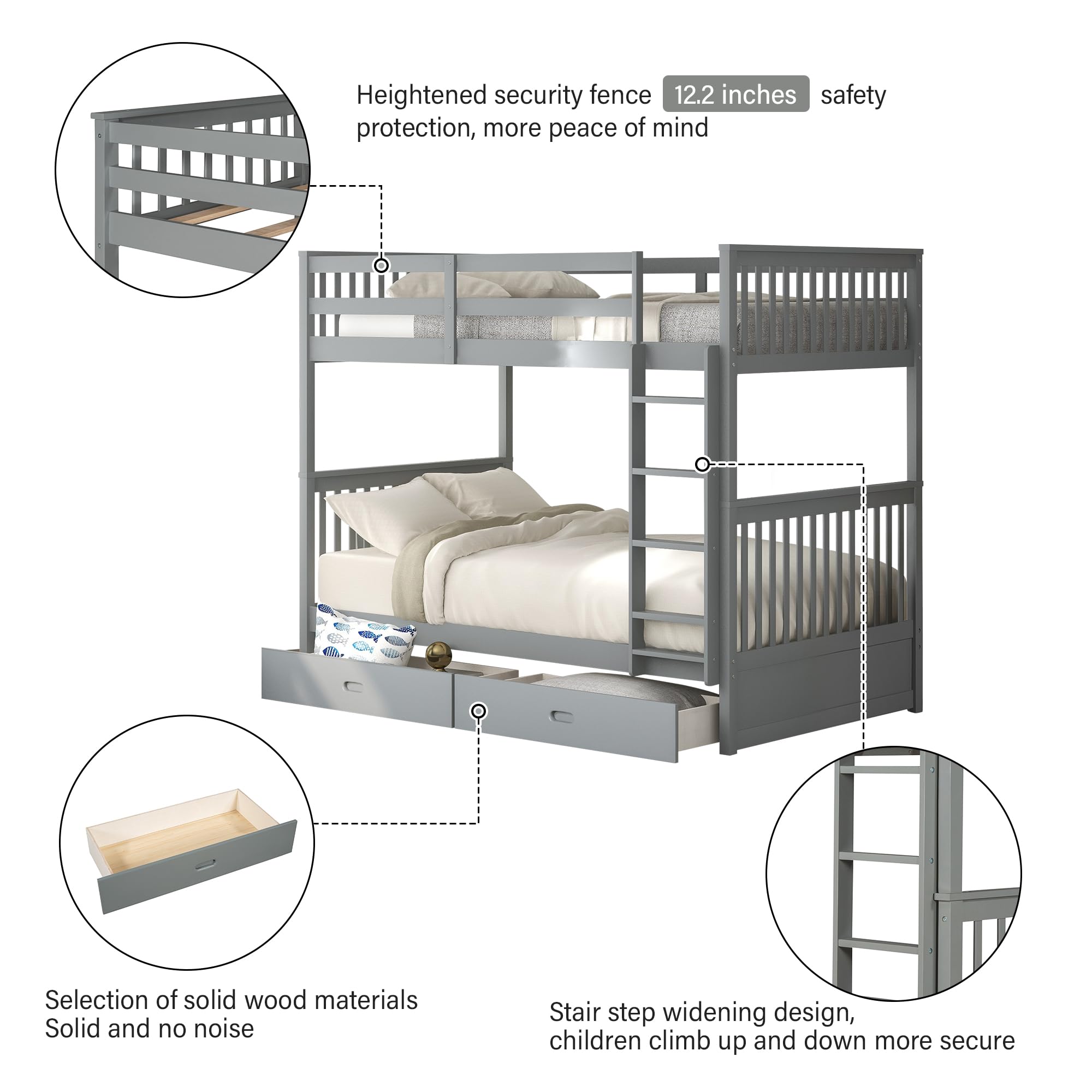 Merax Solid Wood Twin Over Twin Bunk Bed with Ladders & 2 Storage Drawers - Convertible Detachable Frame, Grey | Space-Saving Kids Bedroom Furniture for Shared Rooms & Sleepovers