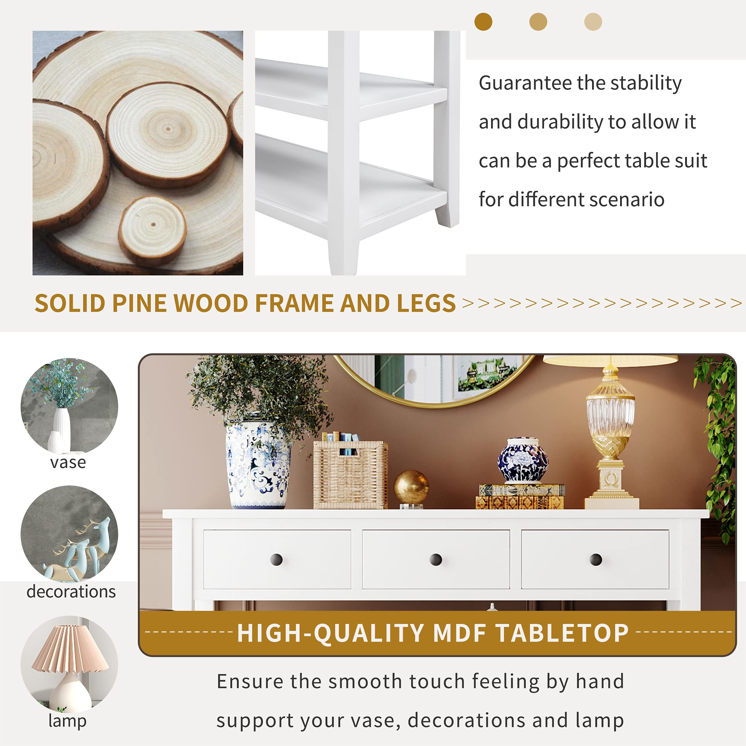 Rustic Console Table with 3 Drawers & 2-Tier Open Shelf - 50 Inch Sofa Table for Living Room, Hallway Entryway - Antique White Farmhouse Style (50Lx16Wx30H) - Perfect for Displaying Decor, Storing Essentials & Enhancing Small Spaces