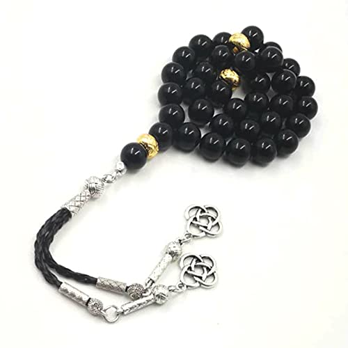Natural Black Onyx 33 Beads Tasbih Bracelet for Men - 14mm Agate Beads with Golden Spacer Beads - Islamic Misbaha Prayer Accessory - Perfect for Daily Wear, Meditation & Spiritual Practice