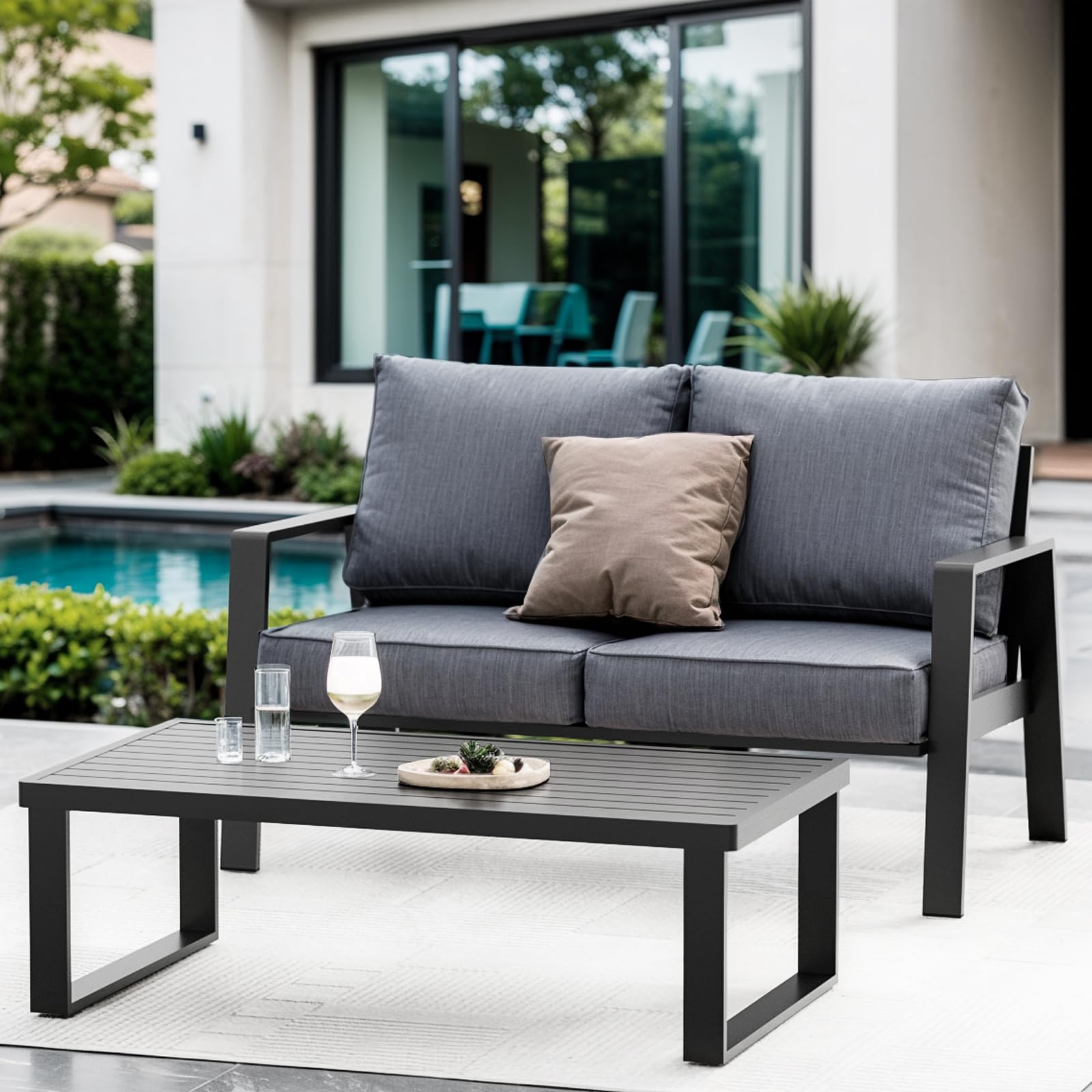 **Dark Grey Aluminum Outdoor Loveseat - Oversized All-Weather Patio Couch with Coffee Table, Modern Metal Furniture Set for Garden, Poolside & Backyard Relaxation**