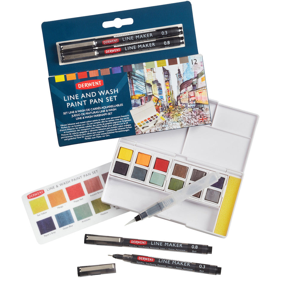 Derwent Line and Wash Paint Pan Set - 12 Watercolor & Ink Paints for Artists - Perfect for Sketching, Illustration & Mixed Media Art Projects