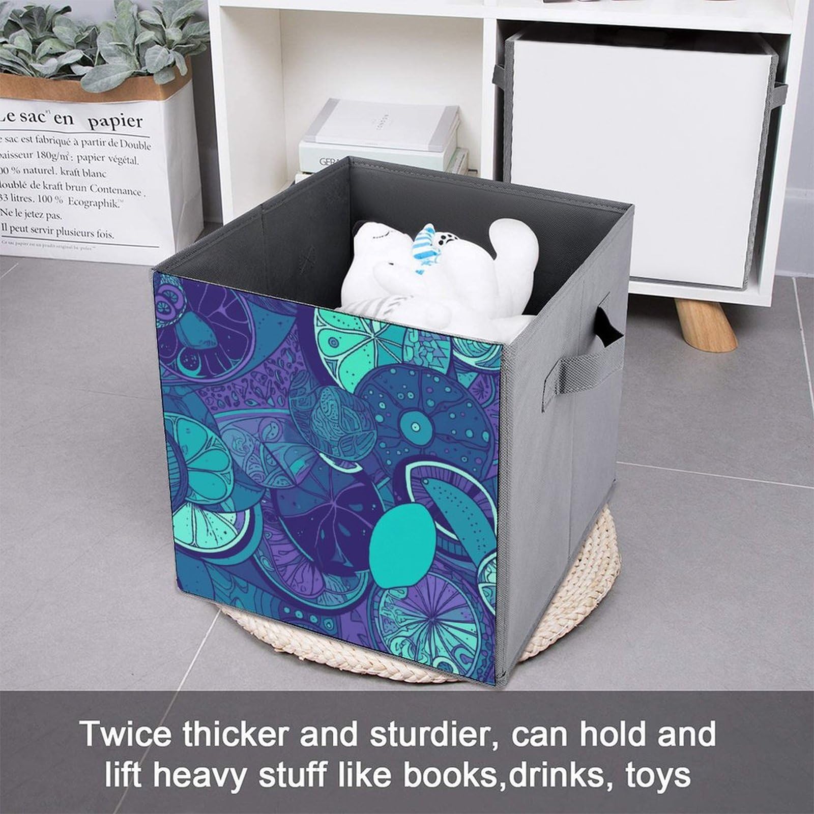 Blue Teal Lemon Printed Storage Baskets - 2 Pack Fabric Storage Bins & Containers for Home Organization | Closet, Nursery, Laundry Room & Bathroom Storage Solutions