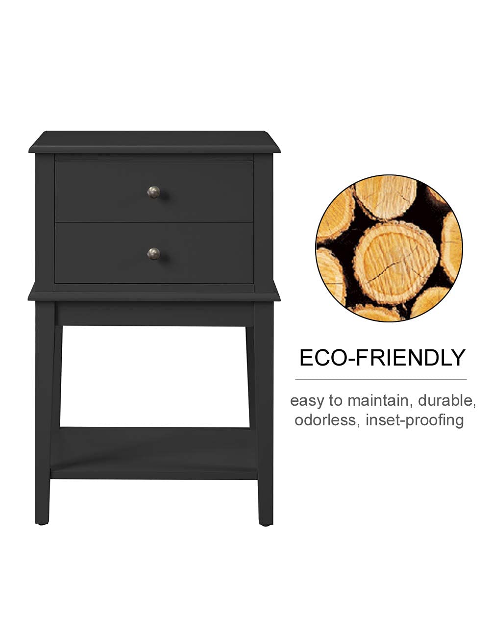 Coniferism Black Nightstand End Table with 2 Drawers & Storage Shelf - Tall Bedside Table for Bedroom, Living Room - Modern Bedside Cabinet with Ample Storage Space for Lamps, Books & Bedroom Essentials