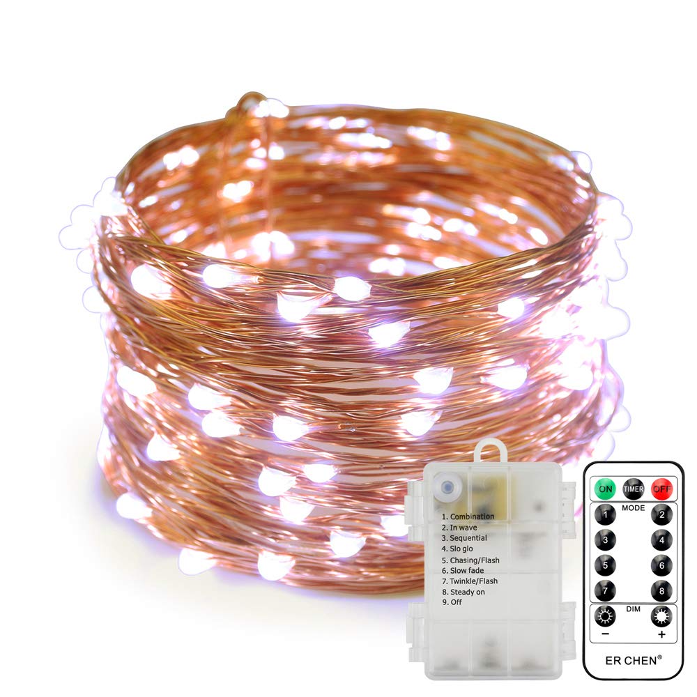 ErChen 33FT 100 LED Copper Wire String Lights - Battery Operated, 8 Modes Dimmable, Waterproof Fairy Lights with Remote Control & Timer - Perfect for Indoor, Outdoor, Christmas, Wedding, Party, Garden Decoration (White)
