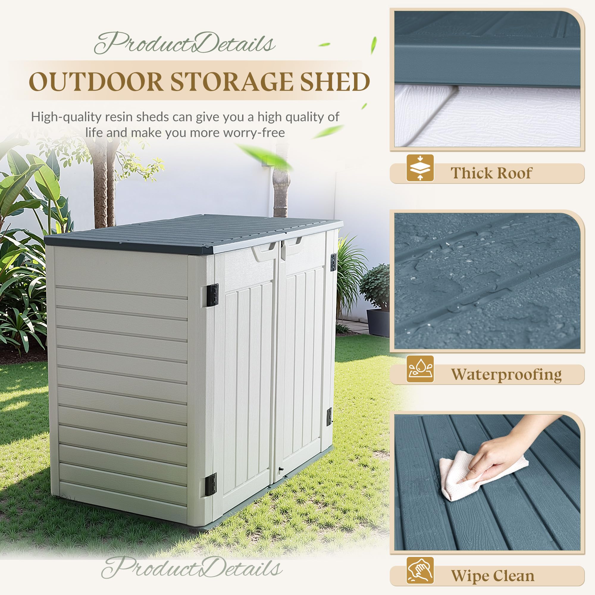 Greesum 34 Cu. Ft. Outdoor Horizontal Resin Storage Shed - Weather Resistant Large Capacity Tool Shed for Bikes, Garbage Cans & Lawn Mowers - Perfect for Backyard, Garage & Garden Organization (White, No Divider)