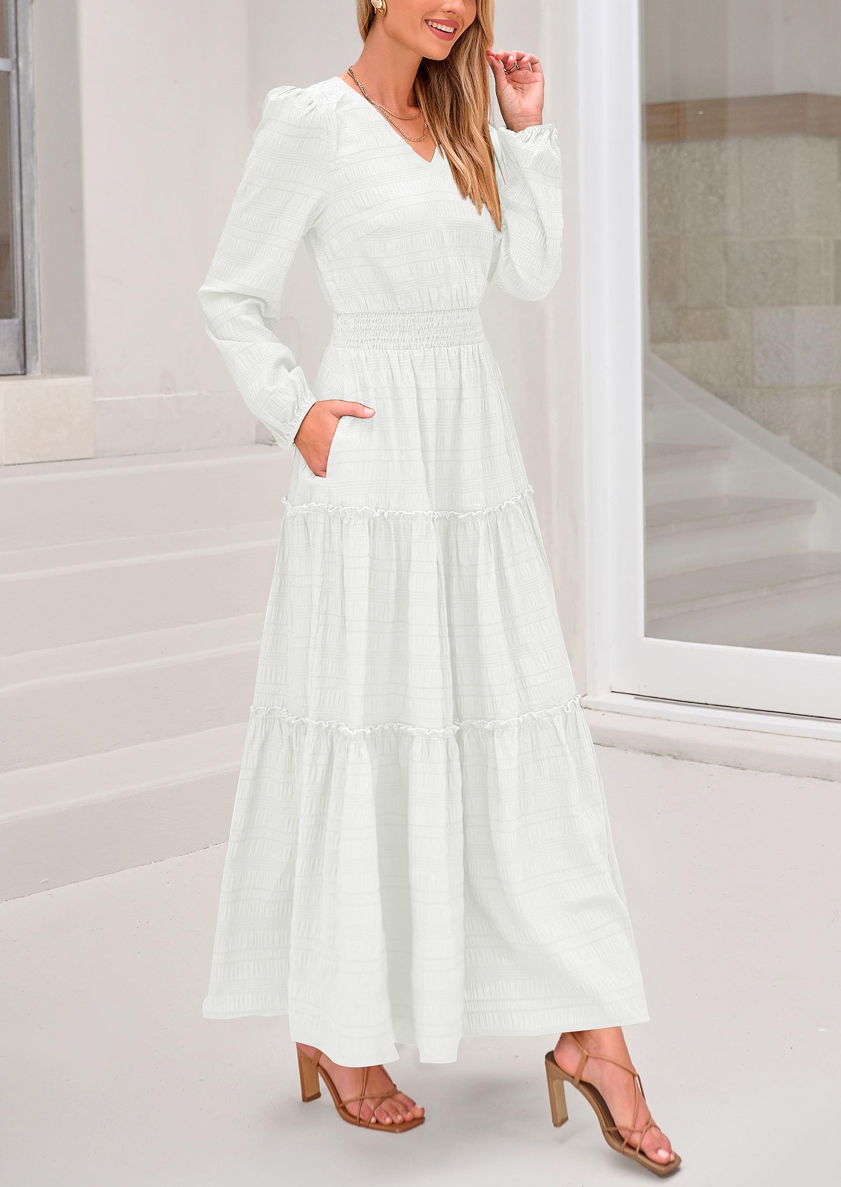 PRETTYGARDEN Women's Summer Maxi Dress - Long Sleeve V-Neck Smocked Waist Tiered Ruffle Flowy Cocktail Dress with Pockets | Perfect for Beach Vacation, Date Night & Casual Outings