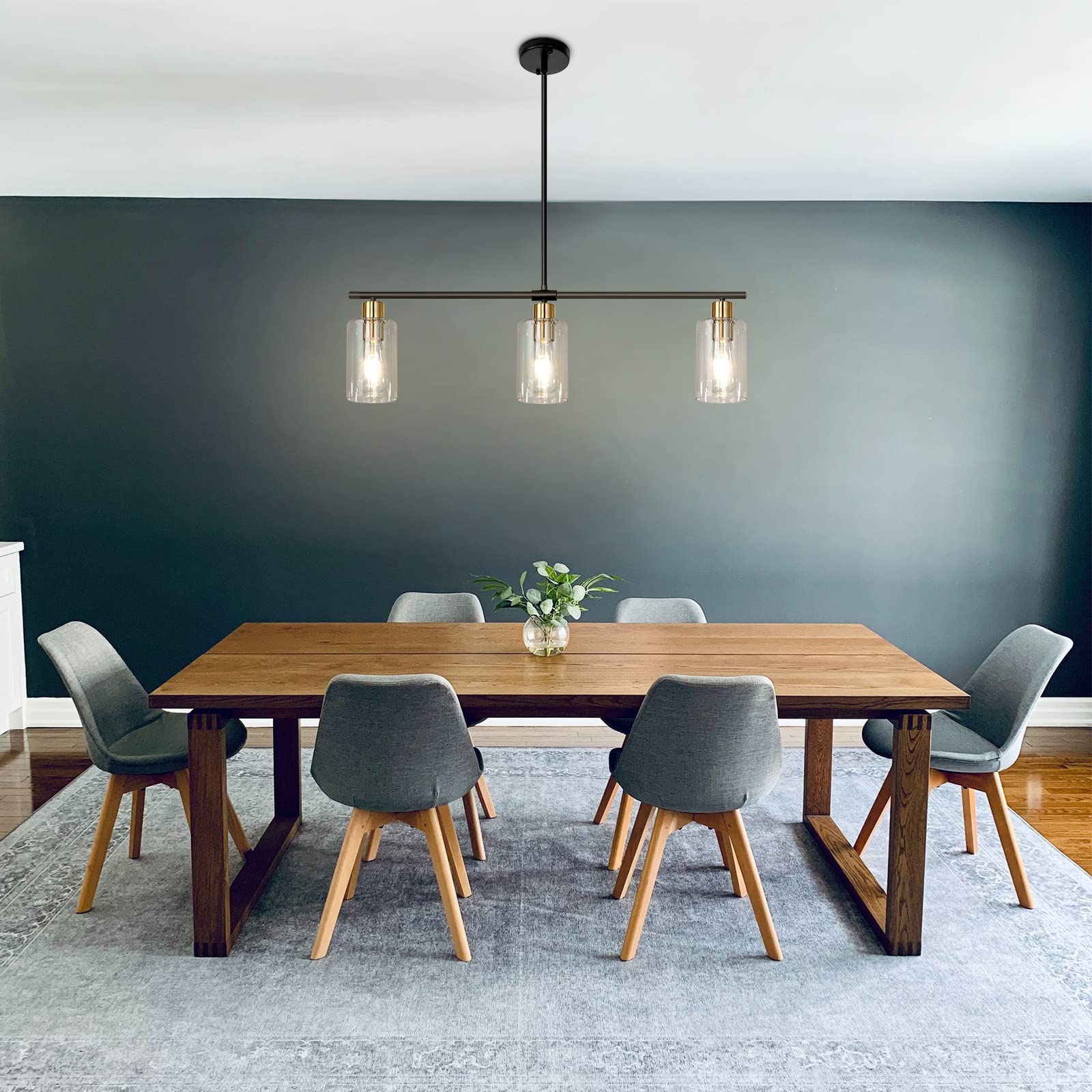 3-Light Farmhouse Chandelier - Black & Gold Linear Kitchen Island Lighting with Glass Shades | Modern Industrial Pendant Light for Dining Room & Breakfast Nook