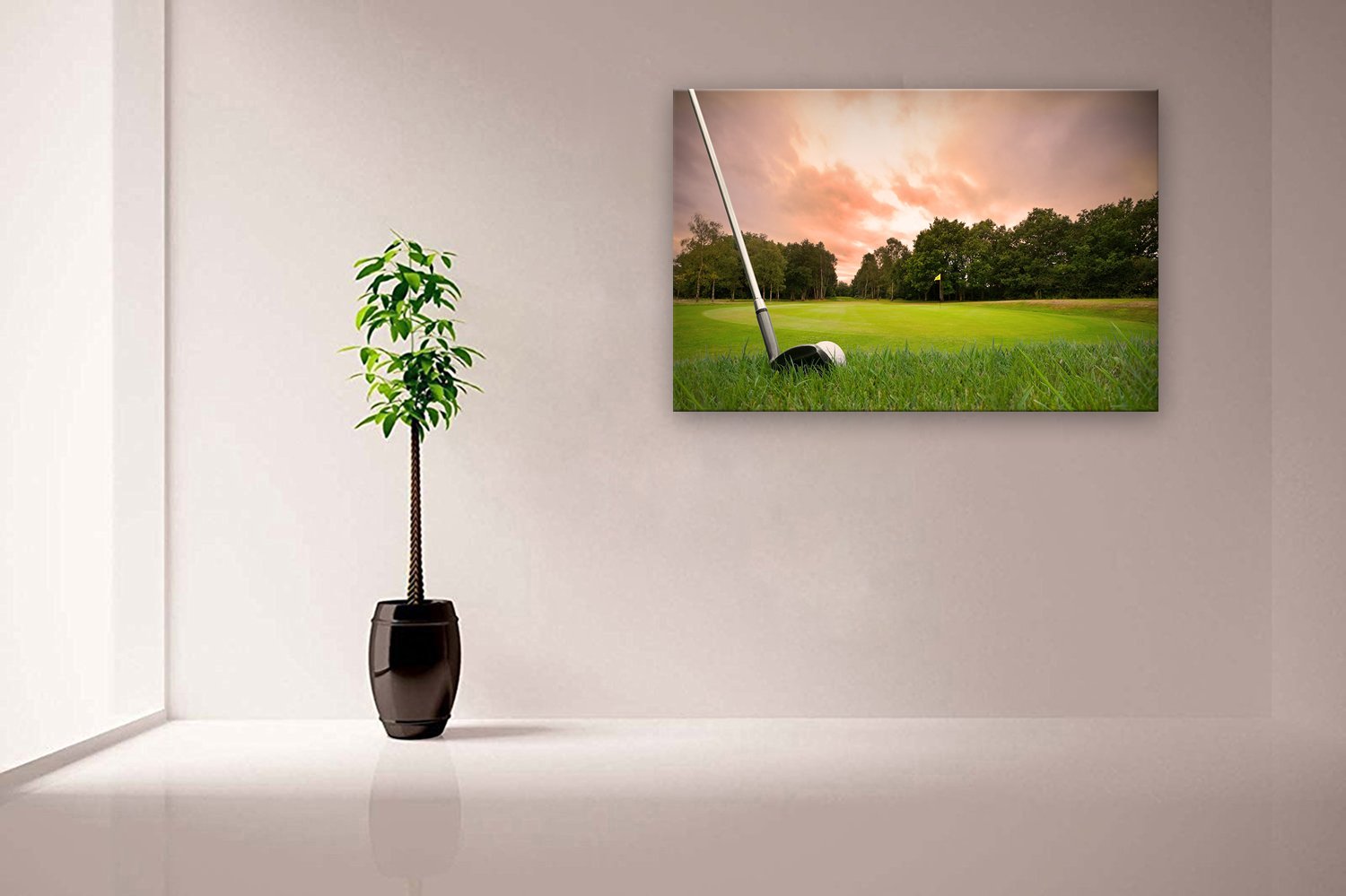 Golf Club Sunset Landscape Canvas Wall Art - Framed & Ready to Hang (24x16 Inches) - Perfect for Living Room, Office & Man Cave Decor