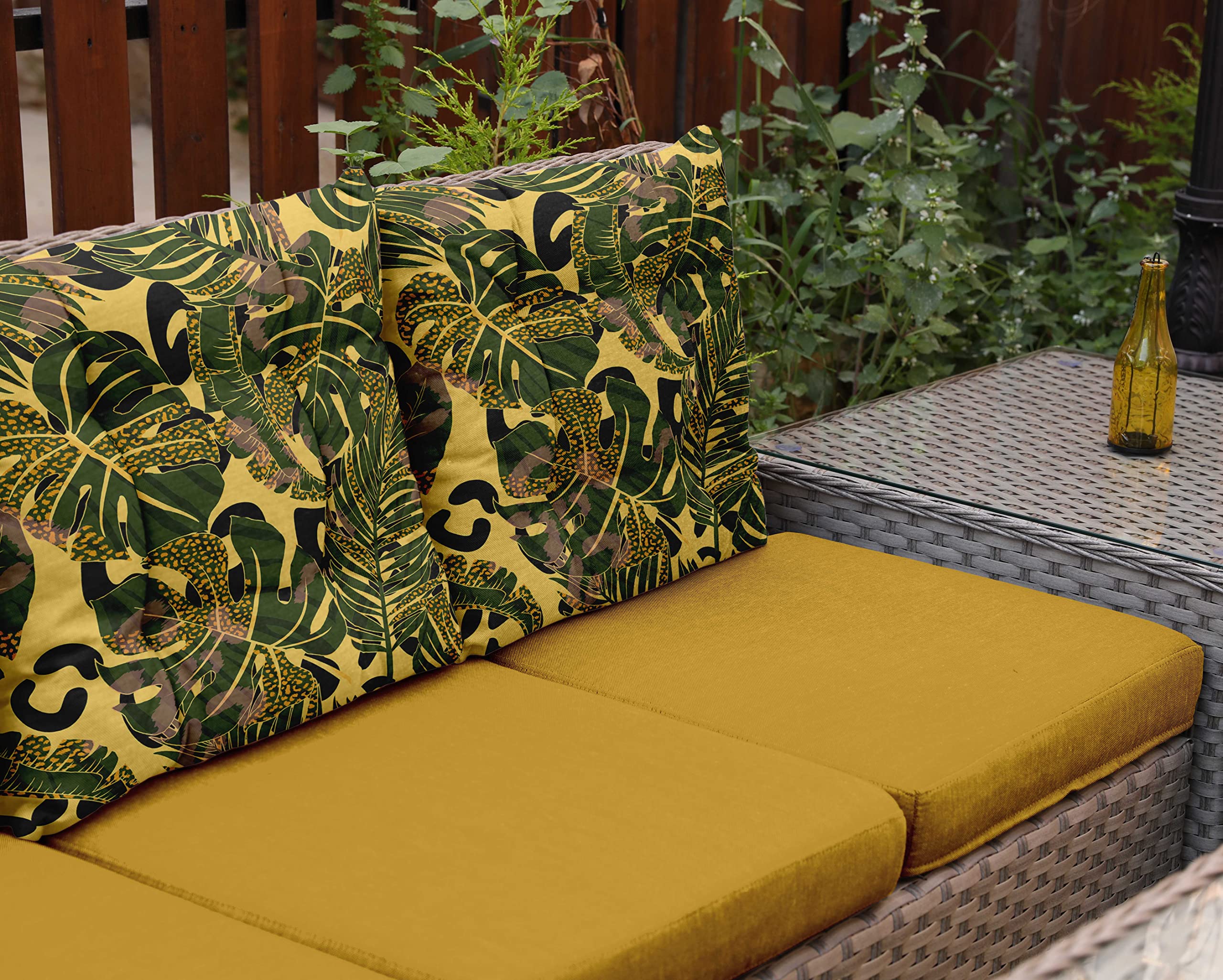 Waterproof 19-Inch Square Patio Cushion Set of 2 - Indoor/Outdoor Tufted Seat Cushions with Tropical Leaf Print in Yellow | Perfect for Garden, Poolside & Patio Furniture